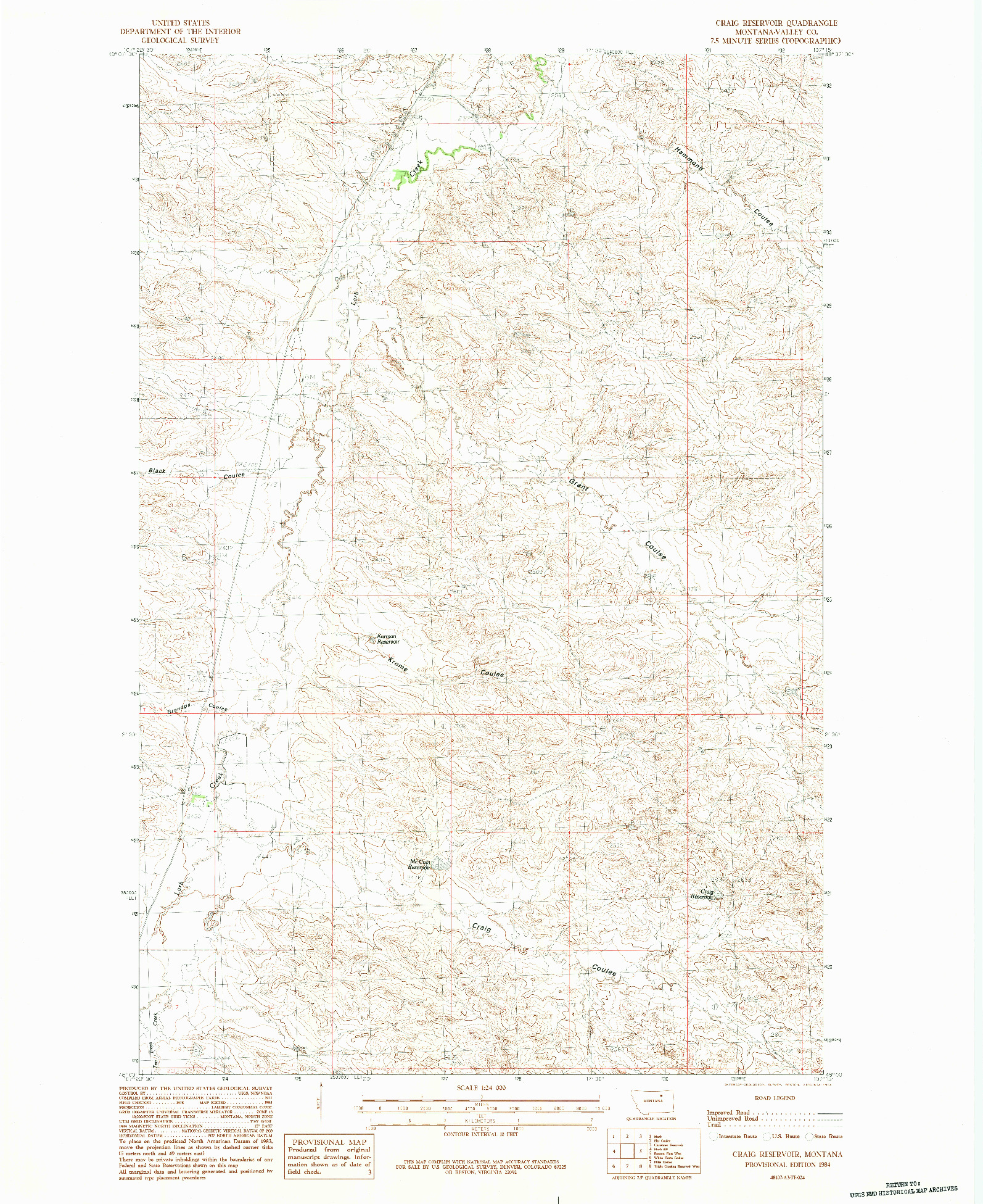 USGS 1:24000-SCALE QUADRANGLE FOR CRAIG RESERVOIR, MT 1984