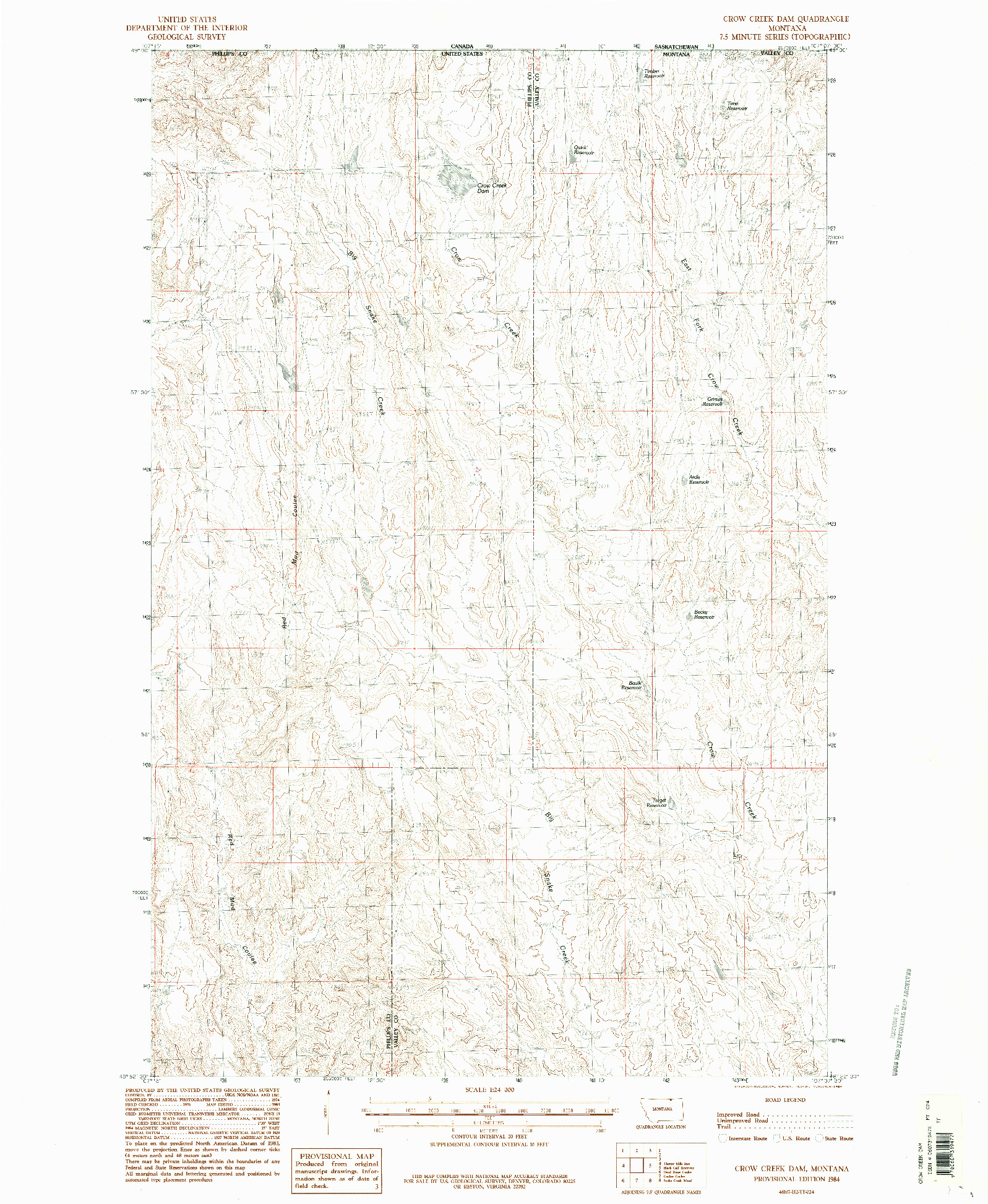 USGS 1:24000-SCALE QUADRANGLE FOR CROW CREEK DAM, MT 1984