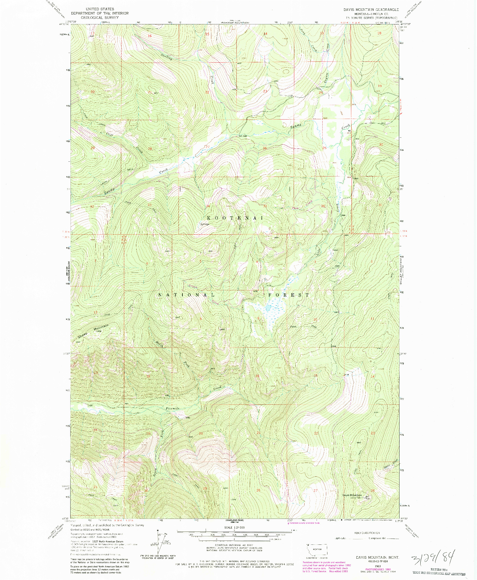 USGS 1:24000-SCALE QUADRANGLE FOR DAVIS MOUNTAIN, MT 1963