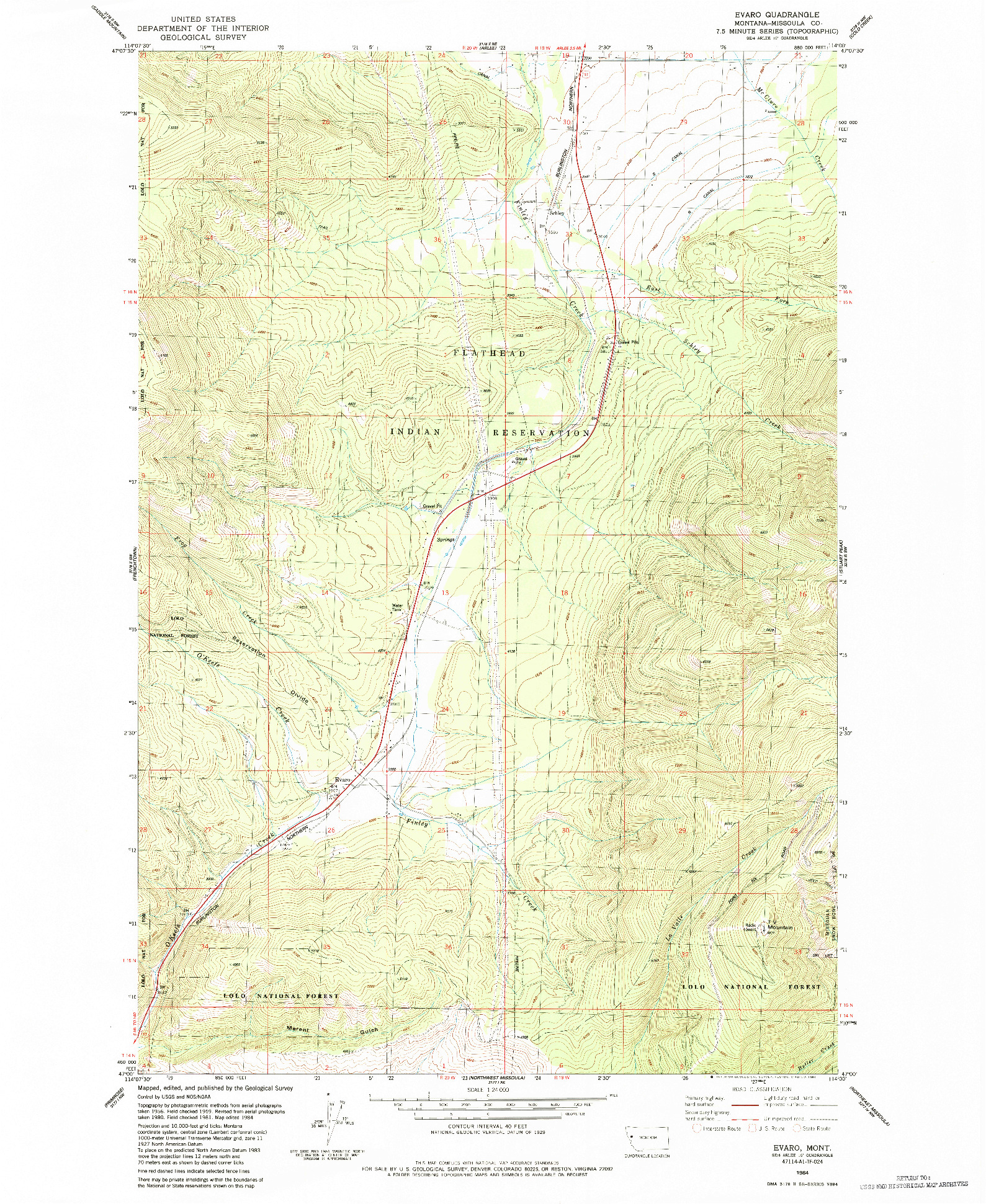 USGS 1:24000-SCALE QUADRANGLE FOR EVARO, MT 1984