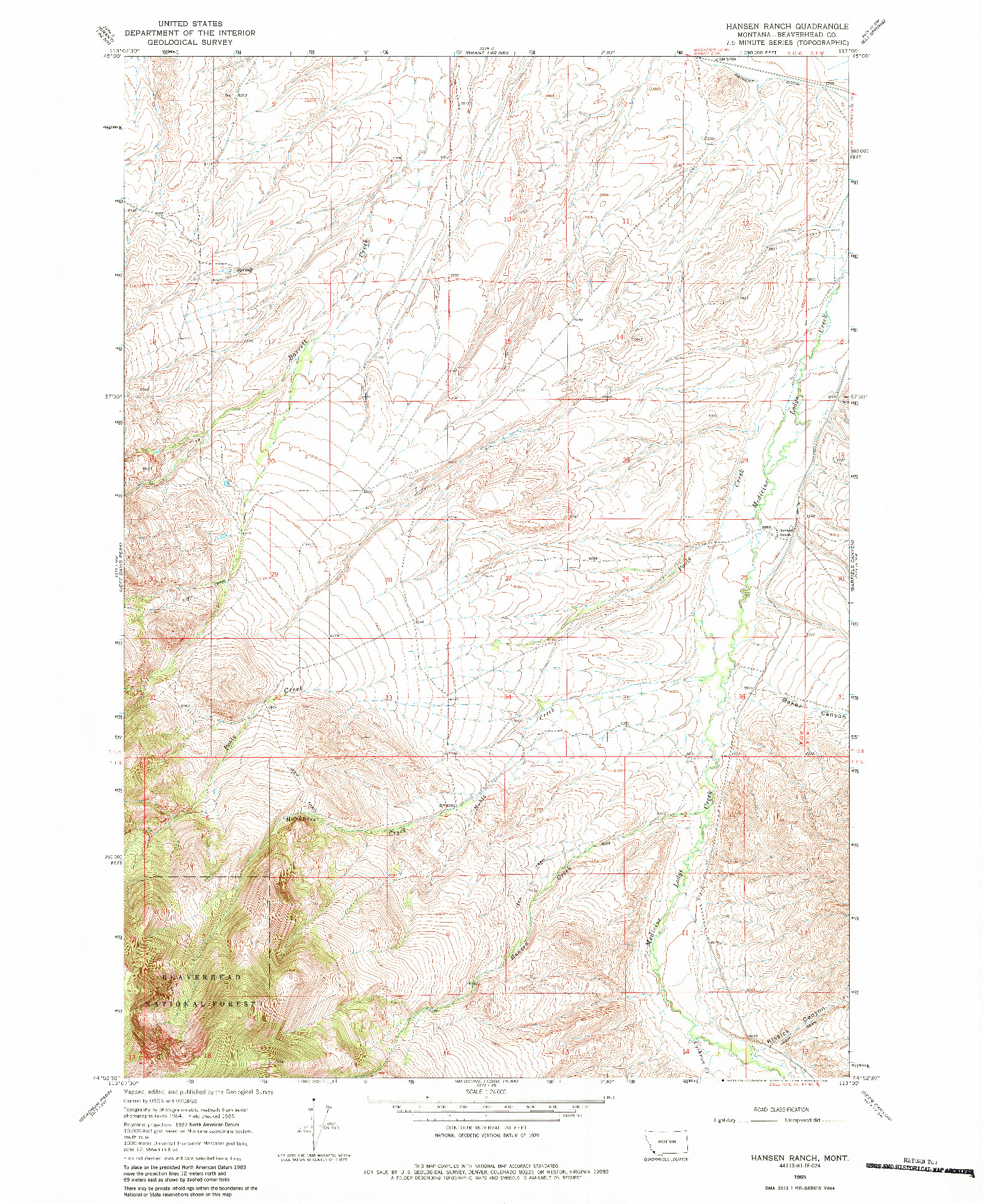 USGS 1:24000-SCALE QUADRANGLE FOR HANSEN RANCH, MT 1965