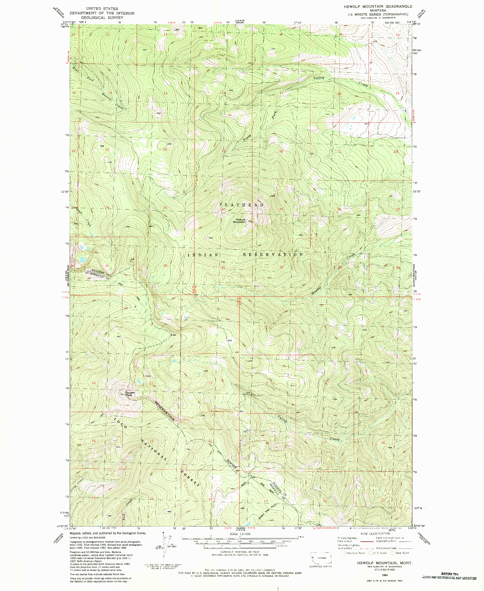 USGS 1:24000-SCALE QUADRANGLE FOR HEWOLF MOUNTAIN, MT 1984