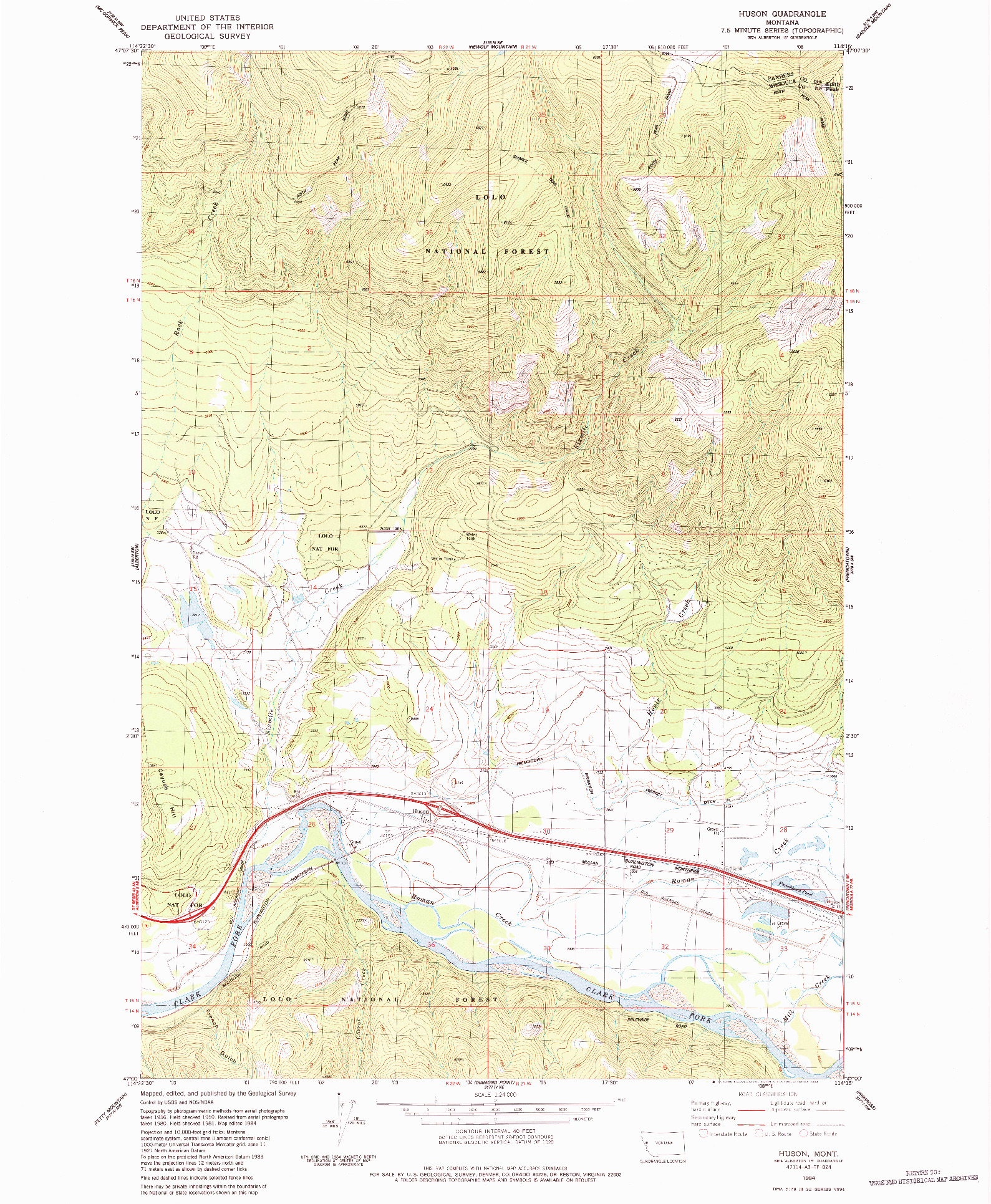 USGS 1:24000-SCALE QUADRANGLE FOR HUSON, MT 1984