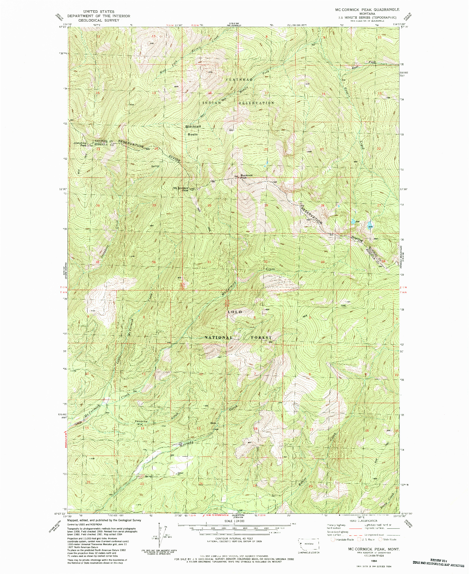 USGS 1:24000-SCALE QUADRANGLE FOR MC CORMICK PEAK, MT 1984