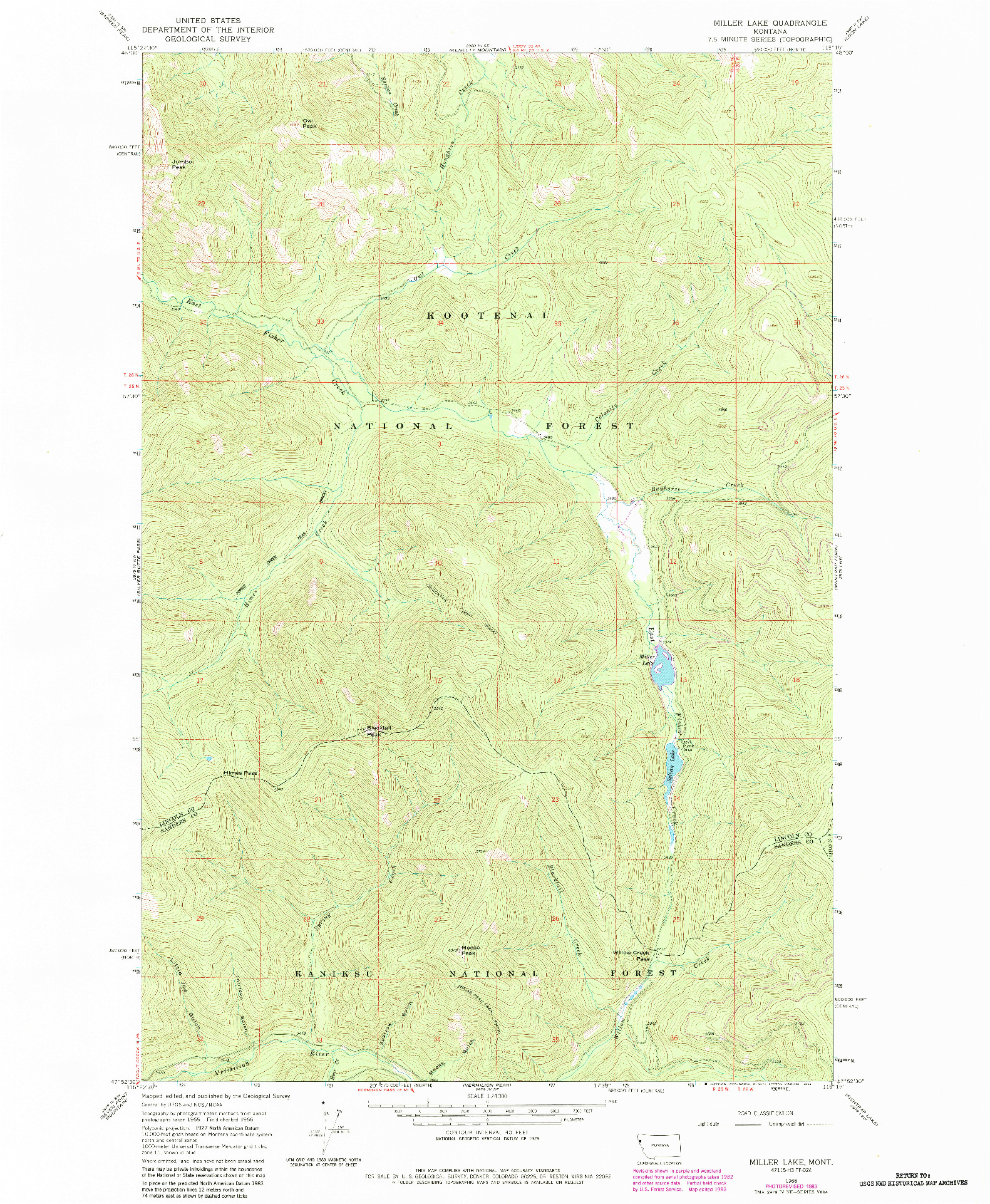 USGS 1:24000-SCALE QUADRANGLE FOR MILLER LAKE, MT 1966