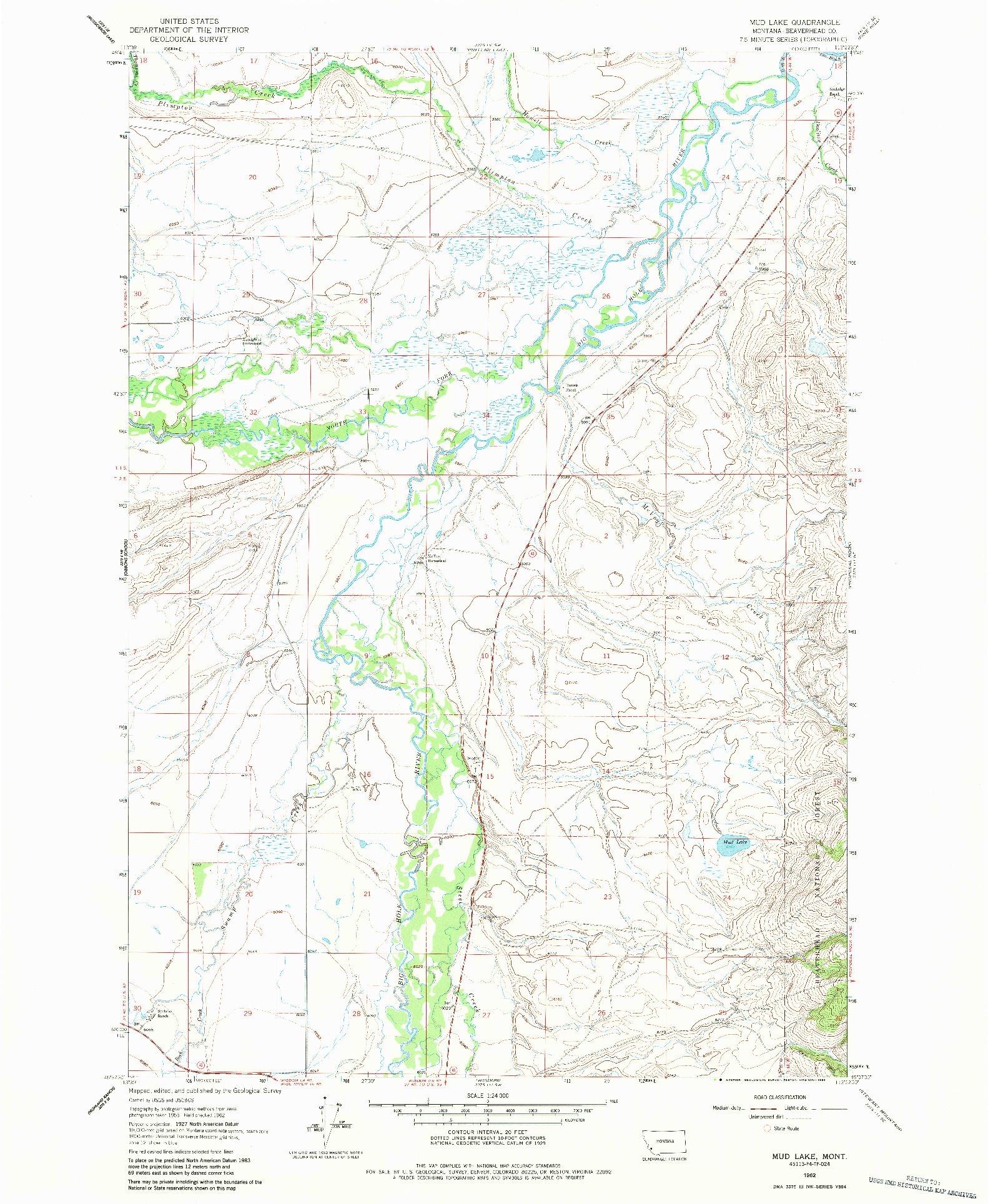 USGS 1:24000-SCALE QUADRANGLE FOR MUD LAKE, MT 1962