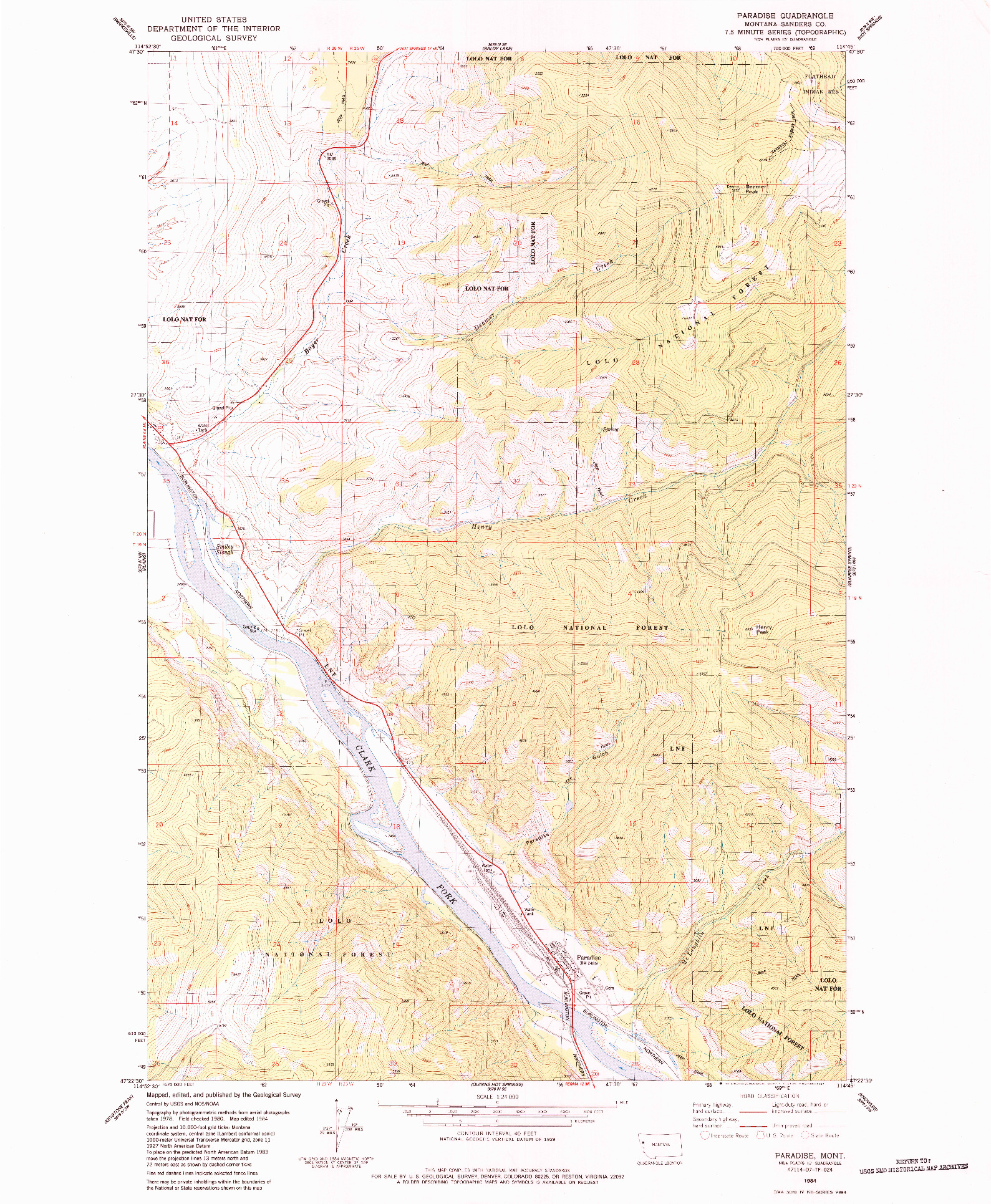 USGS 1:24000-SCALE QUADRANGLE FOR PARADISE, MT 1984
