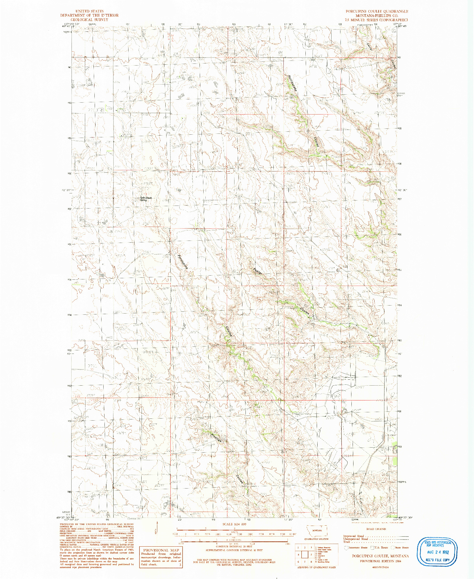 USGS 1:24000-SCALE QUADRANGLE FOR PORCUPINE COULEE, MT 1984