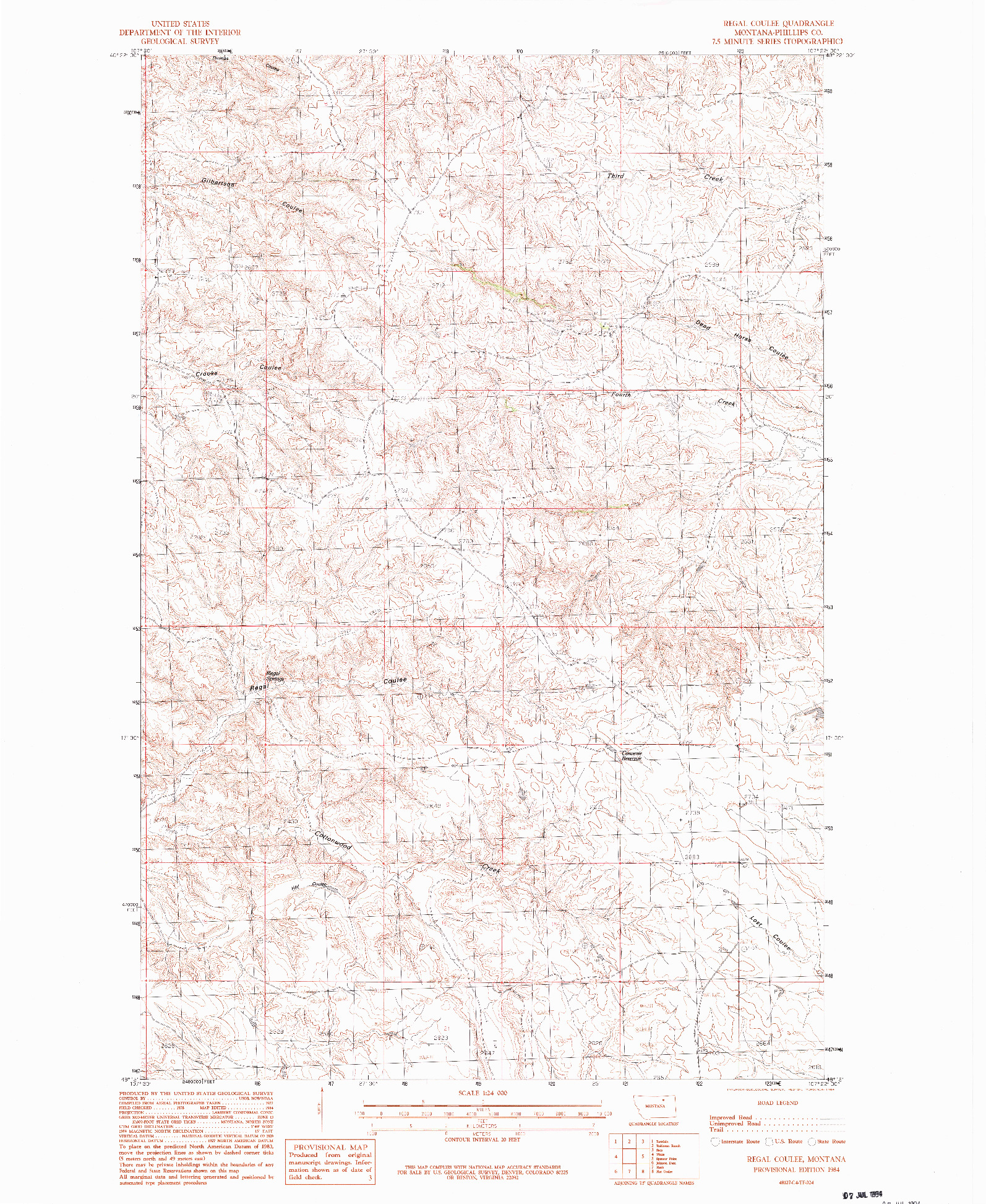 USGS 1:24000-SCALE QUADRANGLE FOR REGAL COULEE, MT 1984