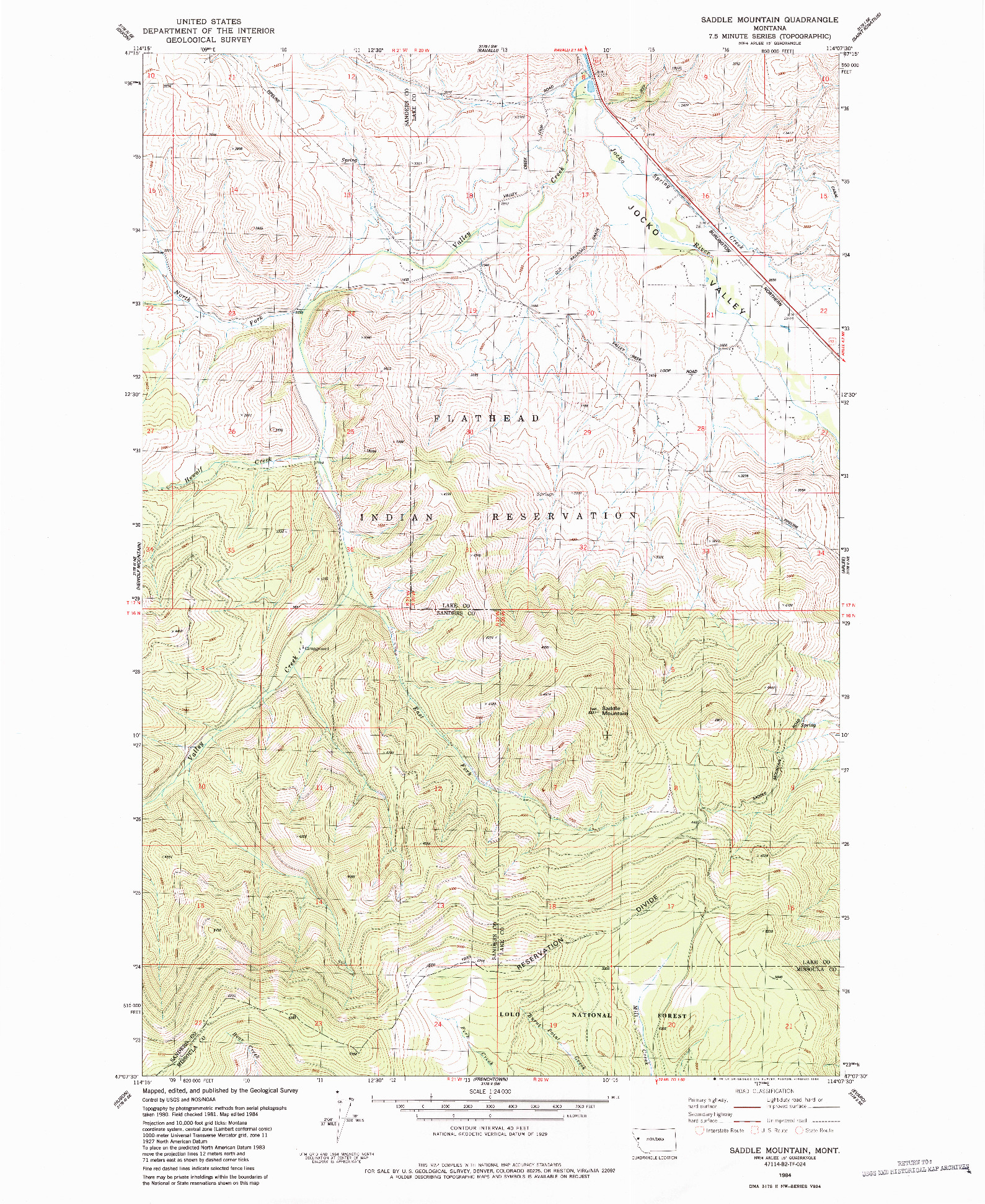 USGS 1:24000-SCALE QUADRANGLE FOR SADDLE MOUNTAIN, MT 1984