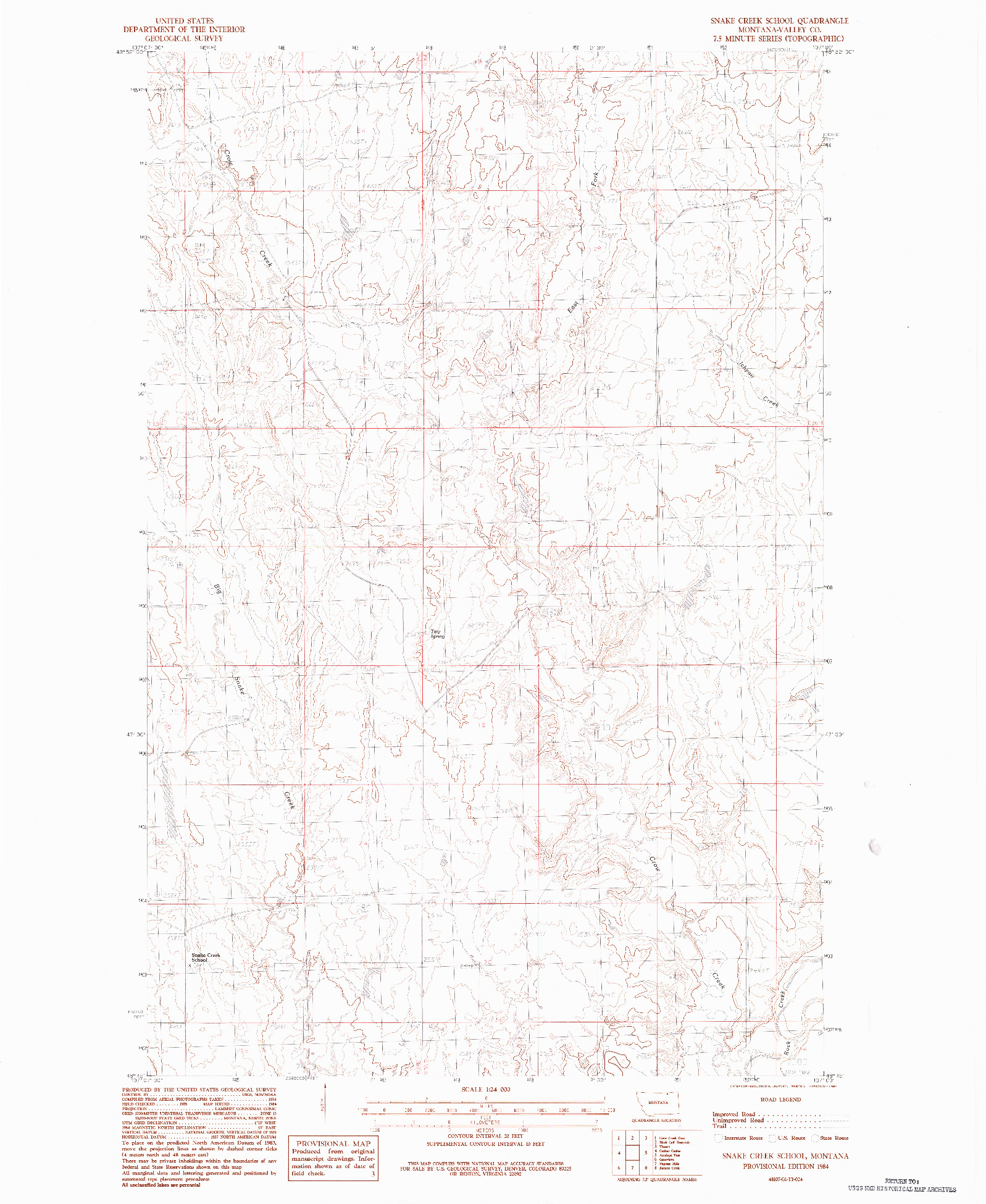 USGS 1:24000-SCALE QUADRANGLE FOR SNAKE CREEK SCHOOL, MT 1984