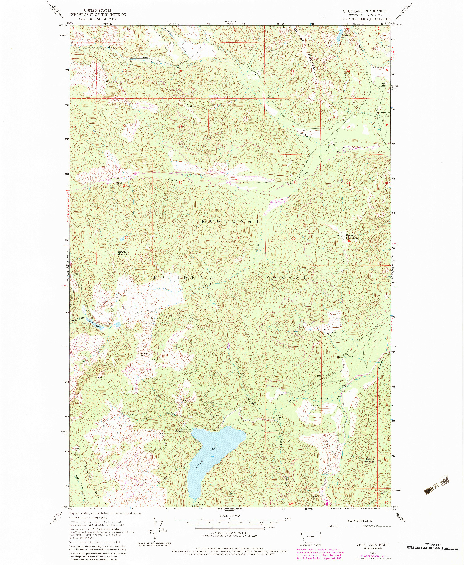 USGS 1:24000-SCALE QUADRANGLE FOR SPAR LAKE, MT 1963