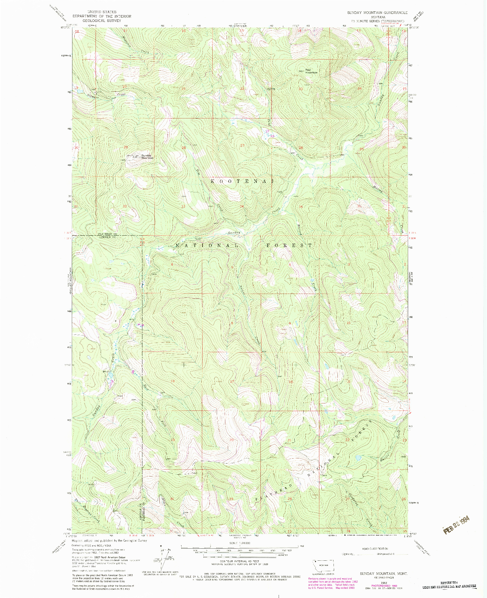 USGS 1:24000-SCALE QUADRANGLE FOR SUNDAY MOUNTAIN, MT 1963