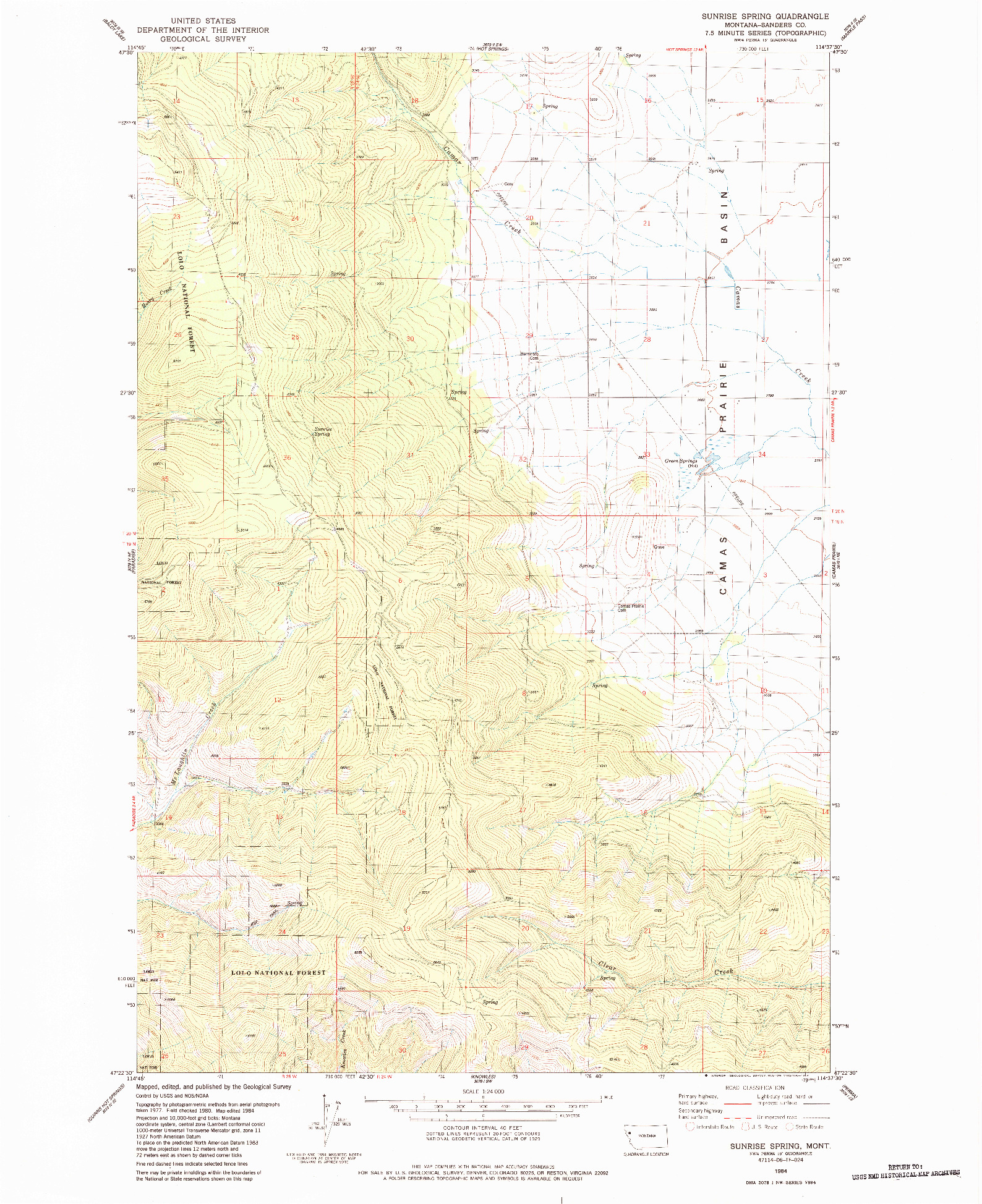 USGS 1:24000-SCALE QUADRANGLE FOR SUNRISE SPRING, MT 1984