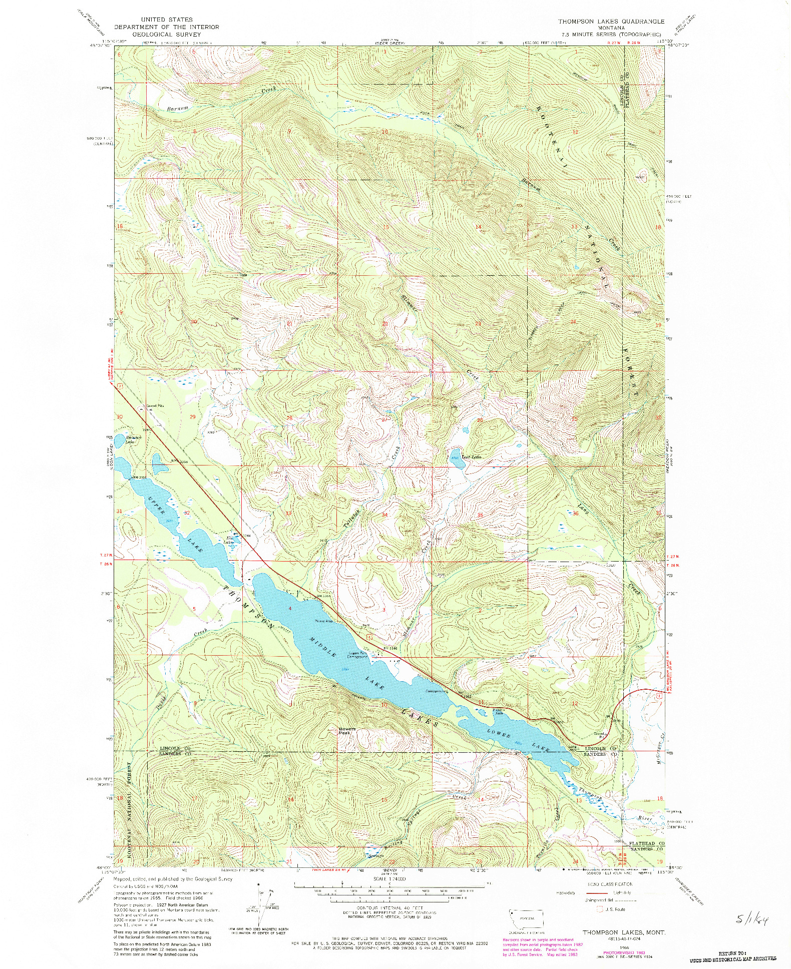 USGS 1:24000-SCALE QUADRANGLE FOR THOMPSON LAKES, MT 1966