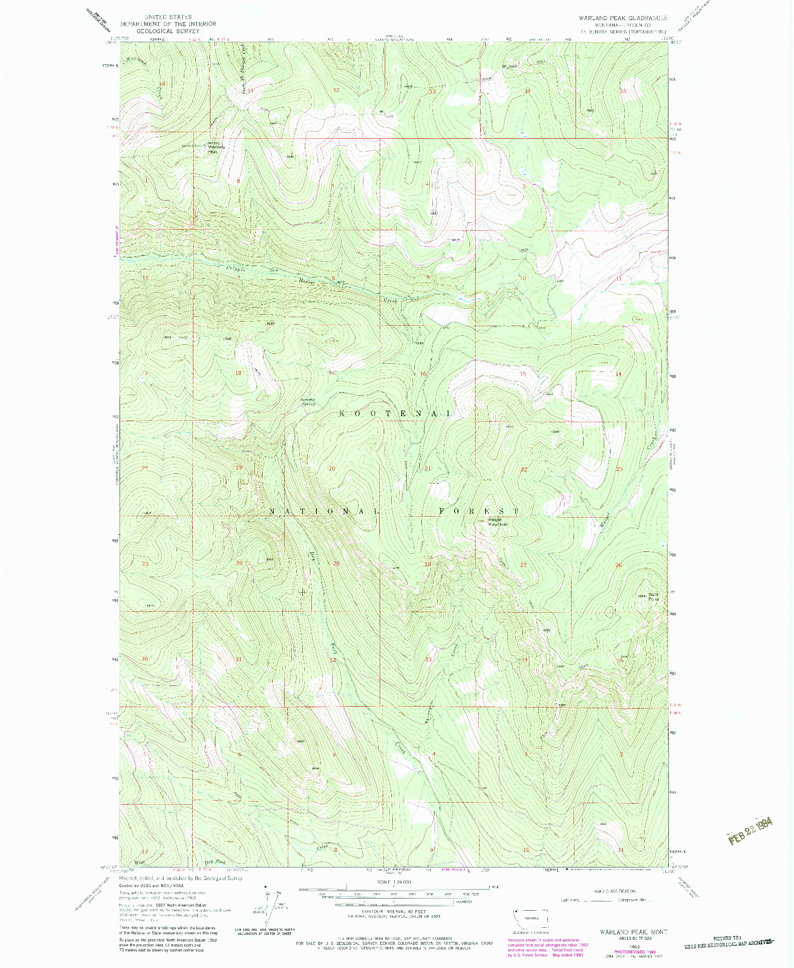 USGS 1:24000-SCALE QUADRANGLE FOR WARLAND PEAK, MT 1963