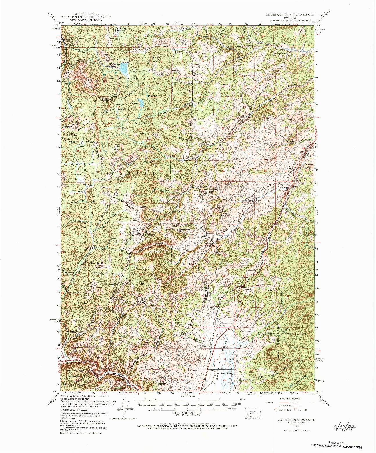 USGS 1:62500-SCALE QUADRANGLE FOR JEFFERSON CITY, MT 1950