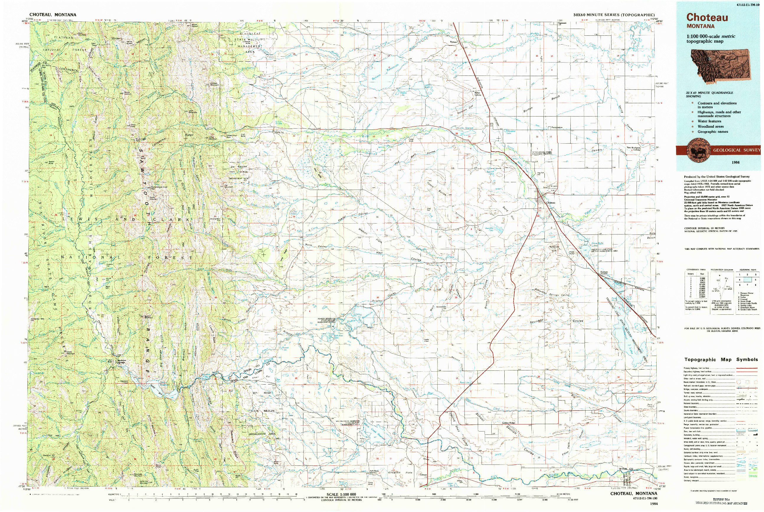 USGS 1:100000-SCALE QUADRANGLE FOR CHOTEAU, MT 1984