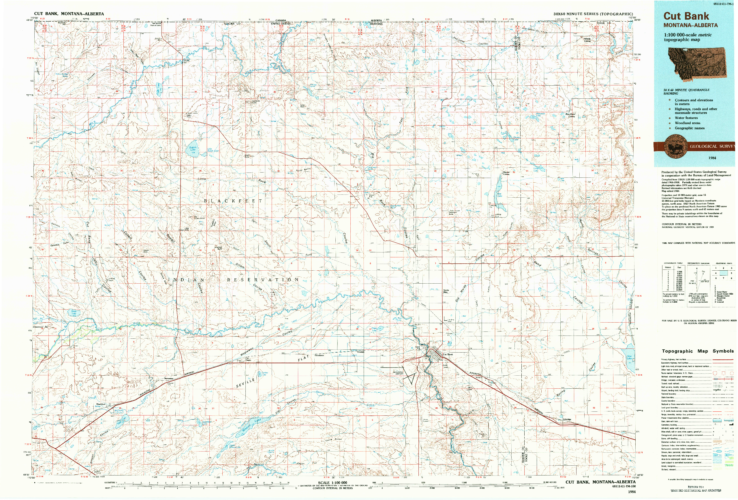 USGS 1:100000-SCALE QUADRANGLE FOR CUT BANK, MT 1984