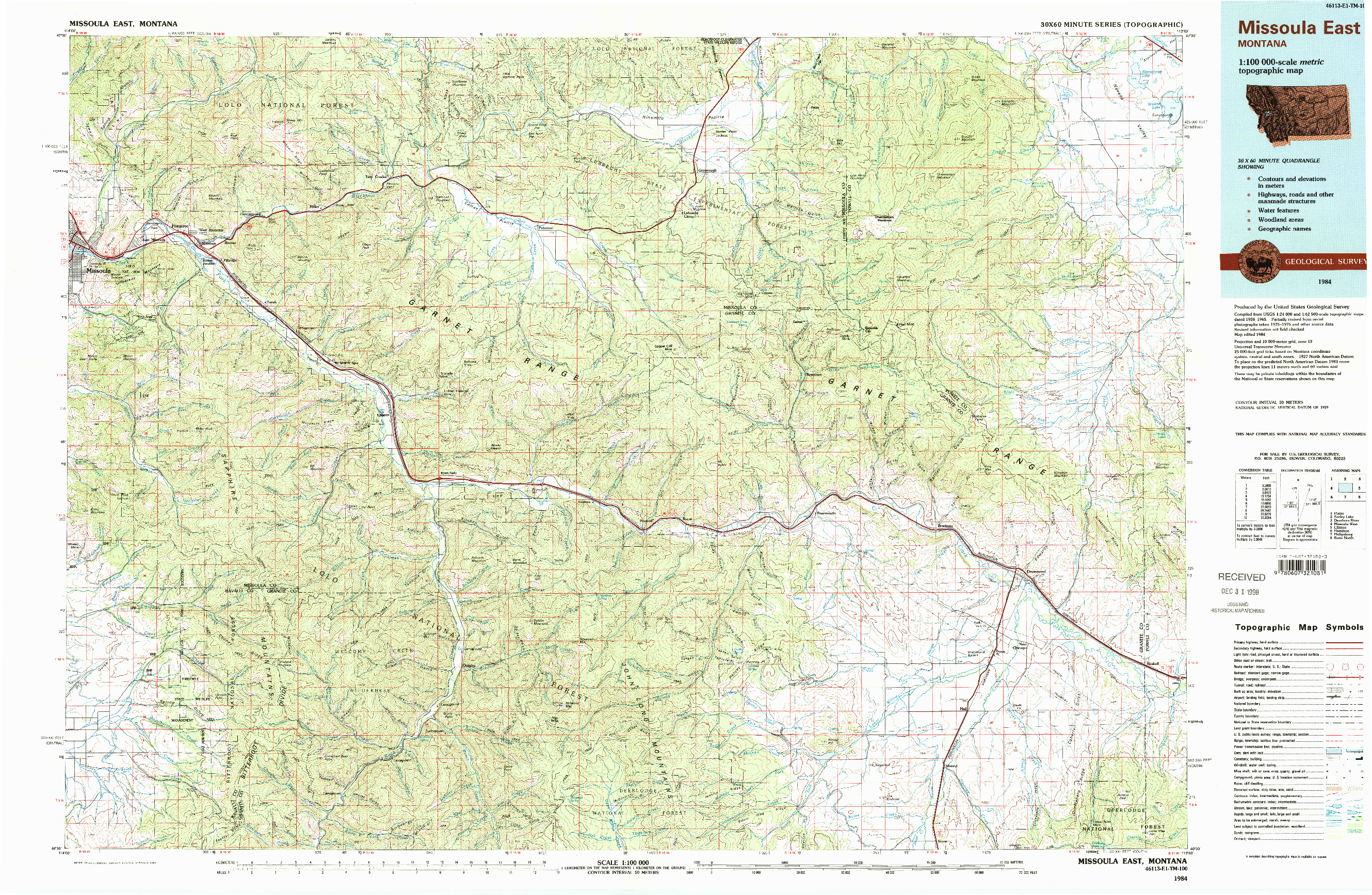 USGS 1:100000-SCALE QUADRANGLE FOR MISSOULA EAST, MT 1984