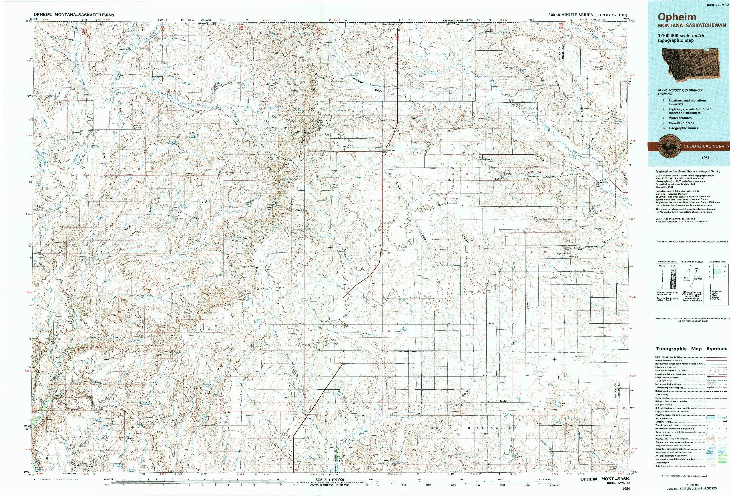 USGS 1:100000-SCALE QUADRANGLE FOR OPHEIM, MT 1984