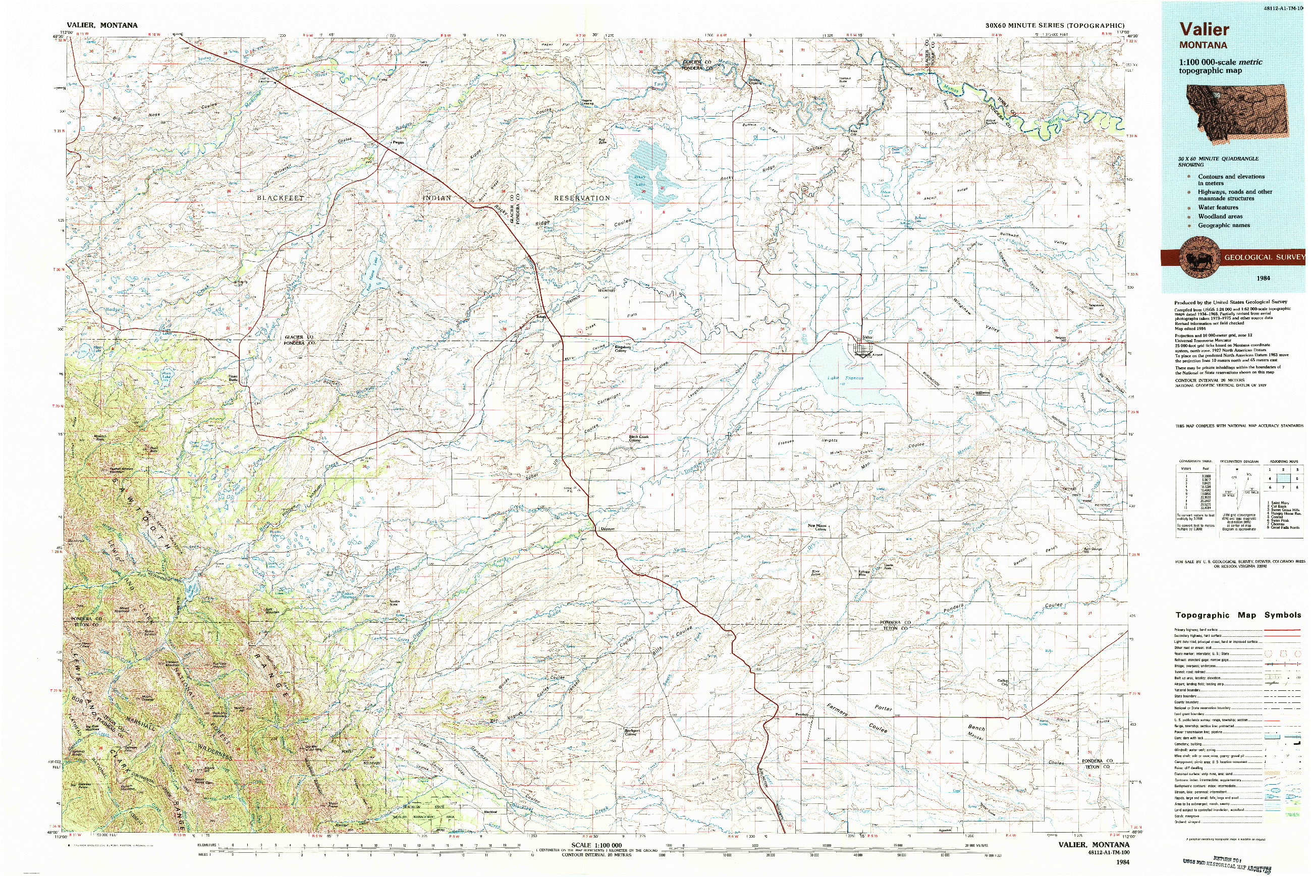 USGS 1:100000-SCALE QUADRANGLE FOR VALIER, MT 1984