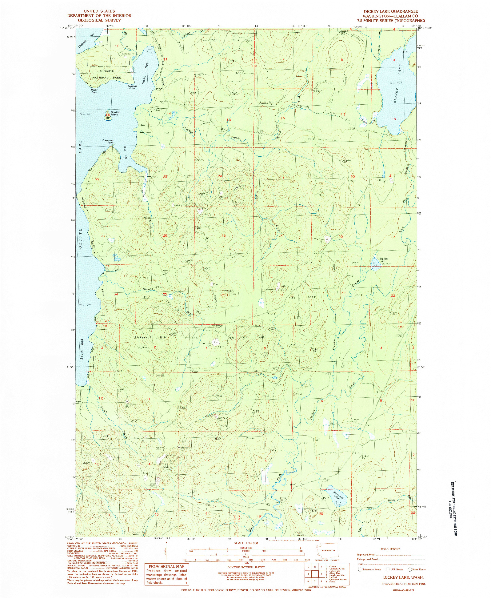 USGS 1:24000-SCALE QUADRANGLE FOR DICKEY LAKE, WA 1984