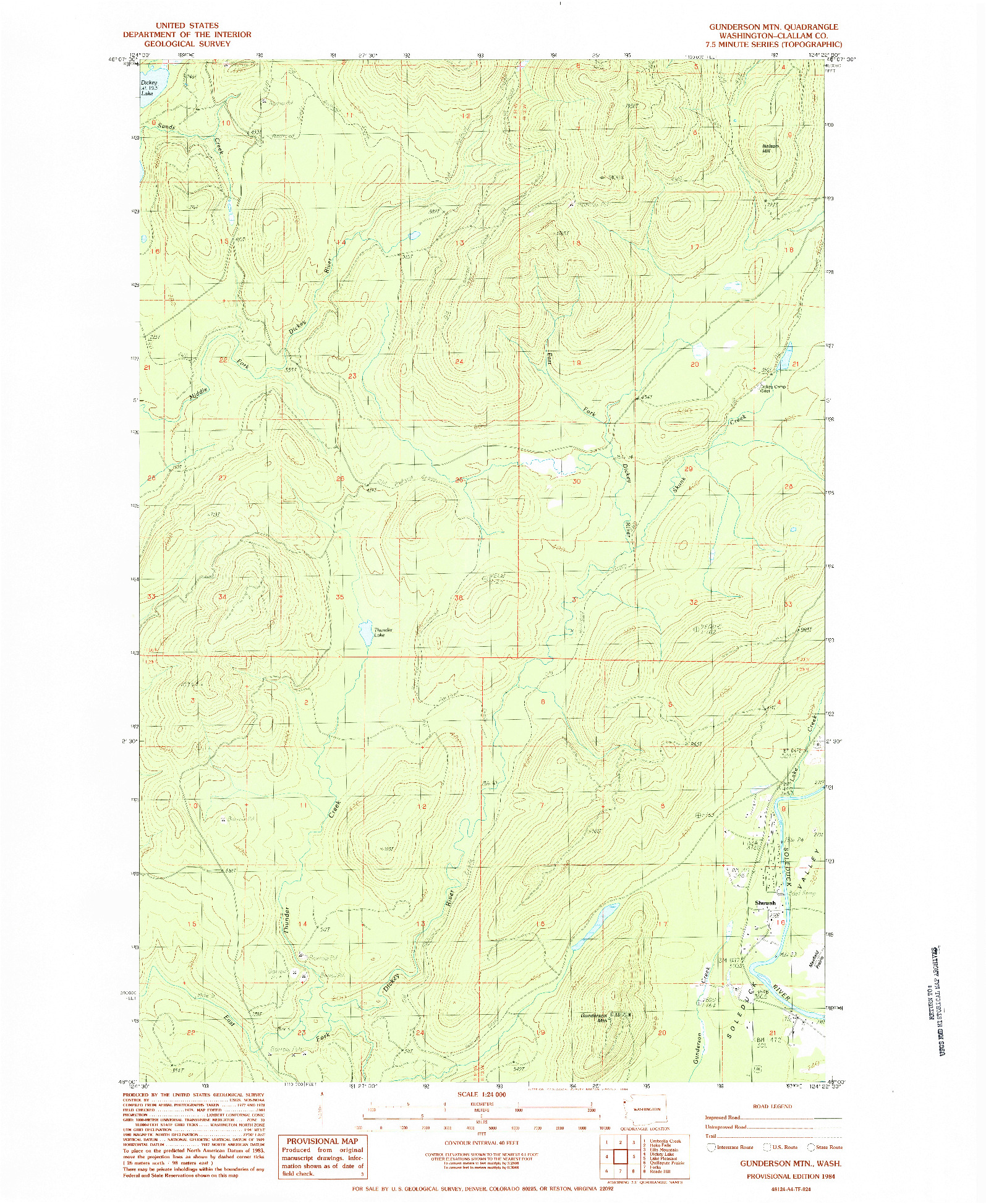 USGS 1:24000-SCALE QUADRANGLE FOR GUNDERSON MTN, WA 1984