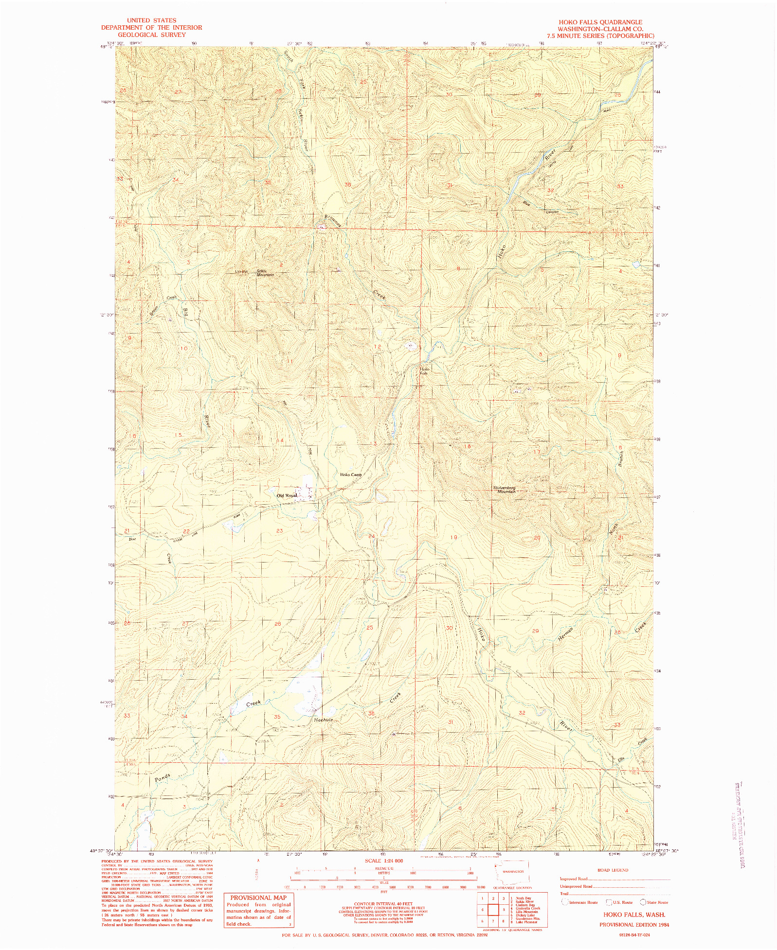 USGS 1:24000-SCALE QUADRANGLE FOR HOKO FALLS, WA 1984