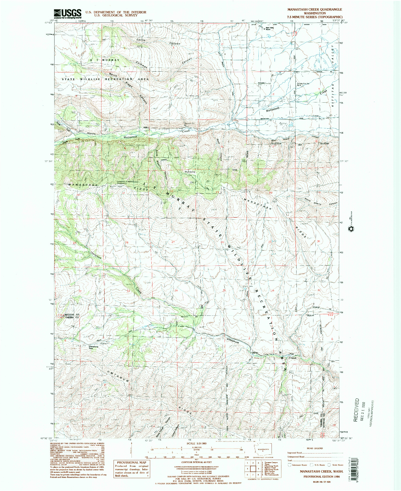 USGS 1:24000-SCALE QUADRANGLE FOR MANASTASH CREEK, WA 1984