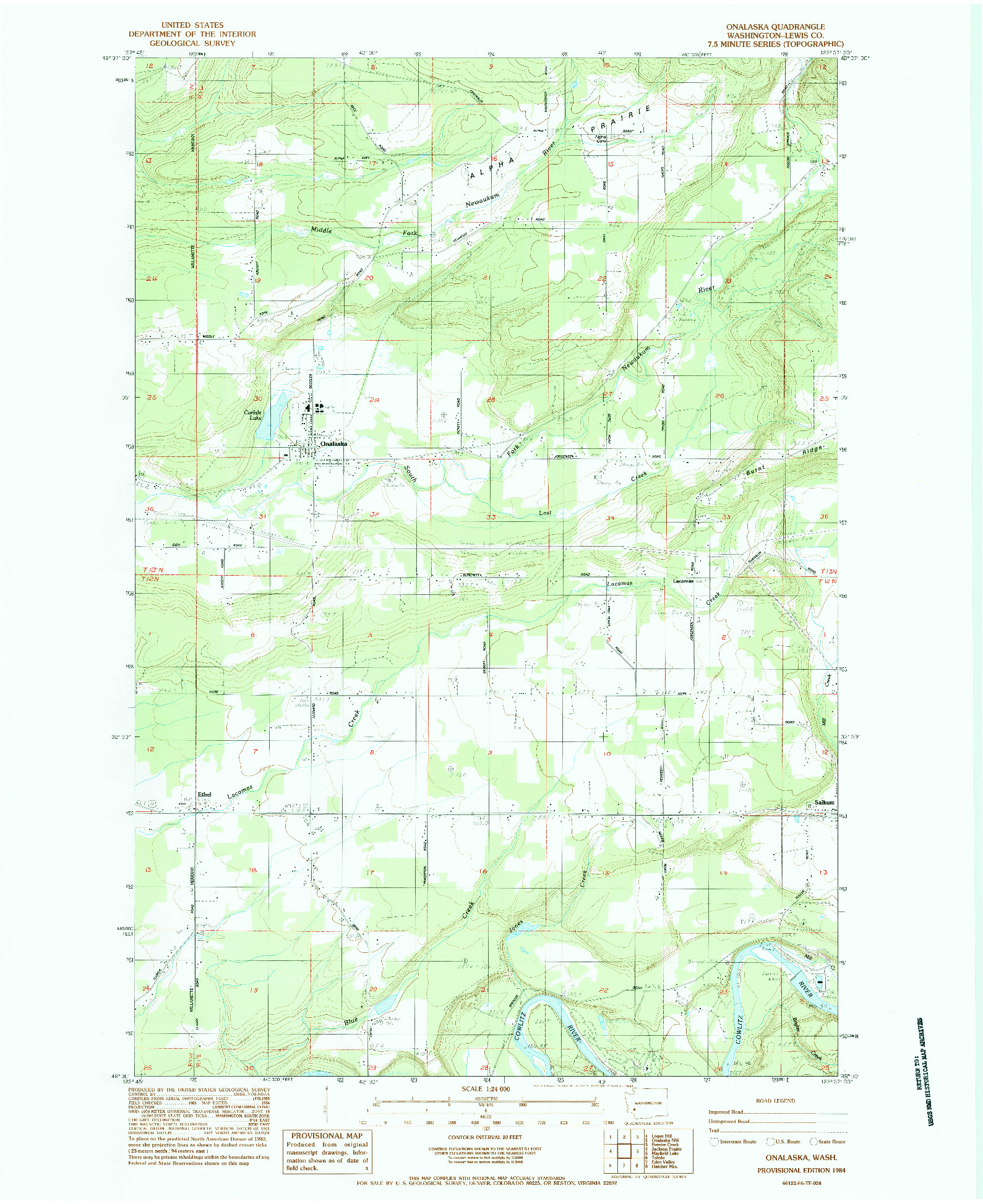 USGS 1:24000-SCALE QUADRANGLE FOR ONALASKA, WA 1984