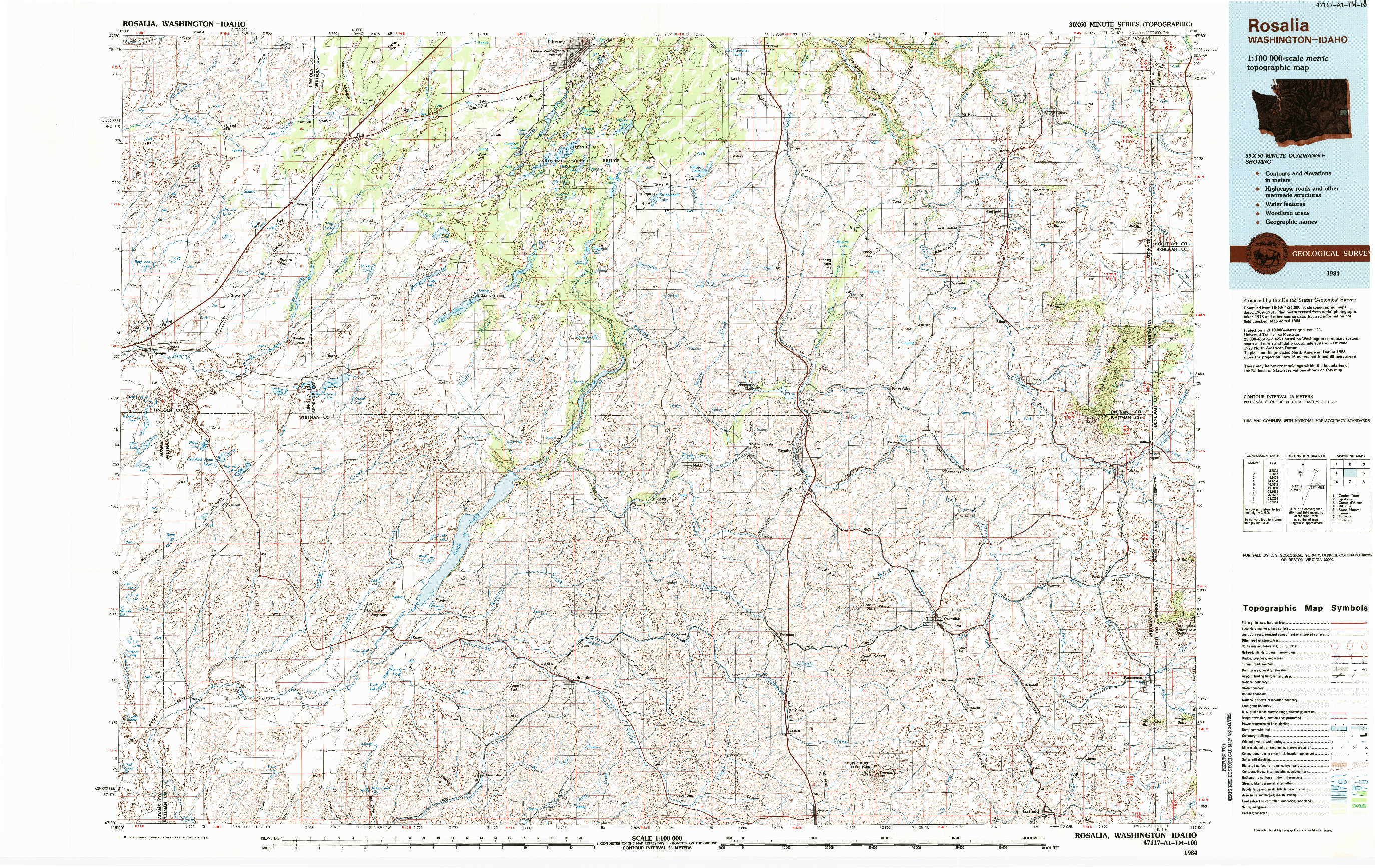 USGS 1:100000-SCALE QUADRANGLE FOR ROSALIA, WA 1984