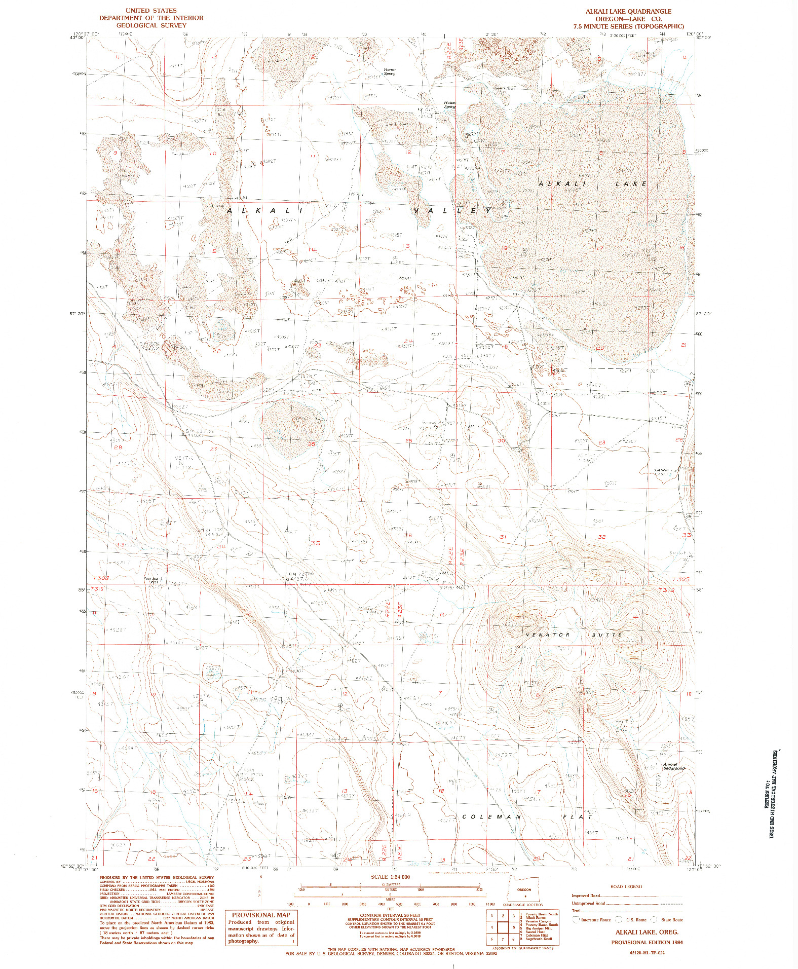 USGS 1:24000-SCALE QUADRANGLE FOR ALKALI LAKE, OR 1984