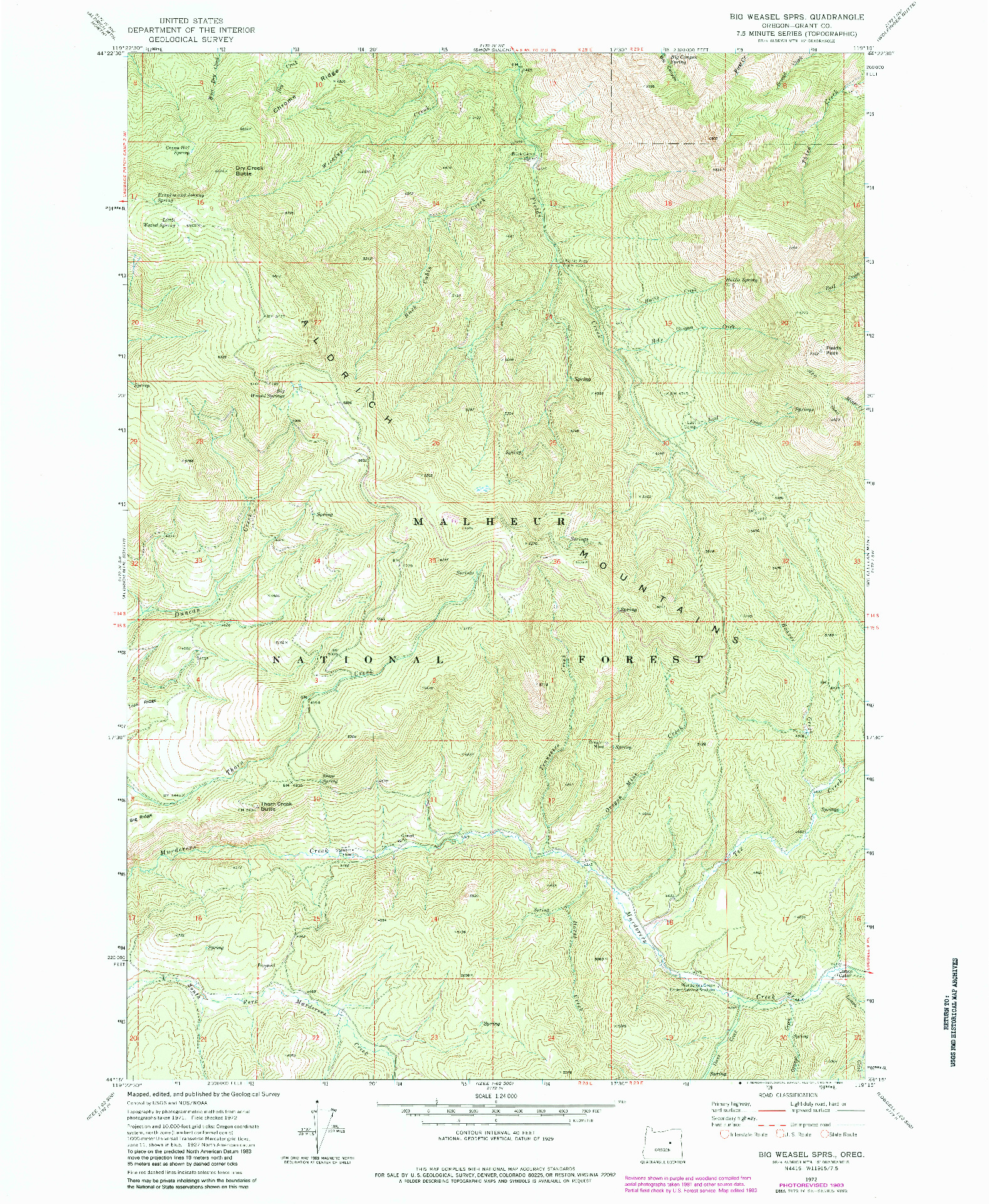 USGS 1:24000-SCALE QUADRANGLE FOR BIG WEASEL SPRS, OR 1972