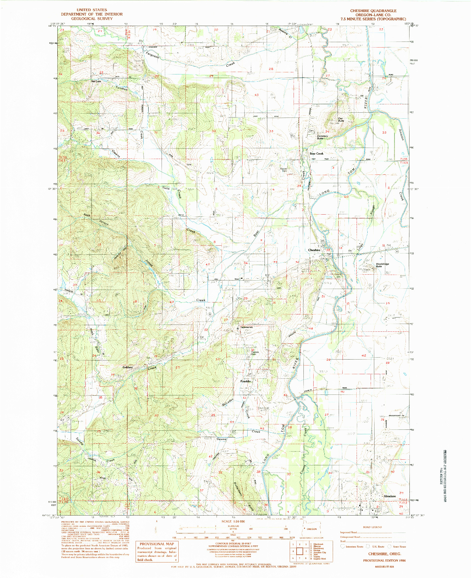 USGS 1:24000-SCALE QUADRANGLE FOR CHESHIRE, OR 1984