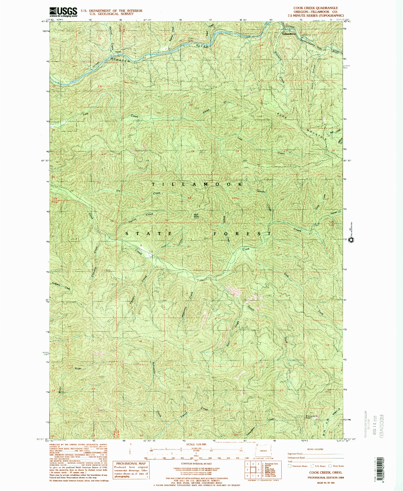 USGS 1:24000-SCALE QUADRANGLE FOR COOK CREEK, OR 1984