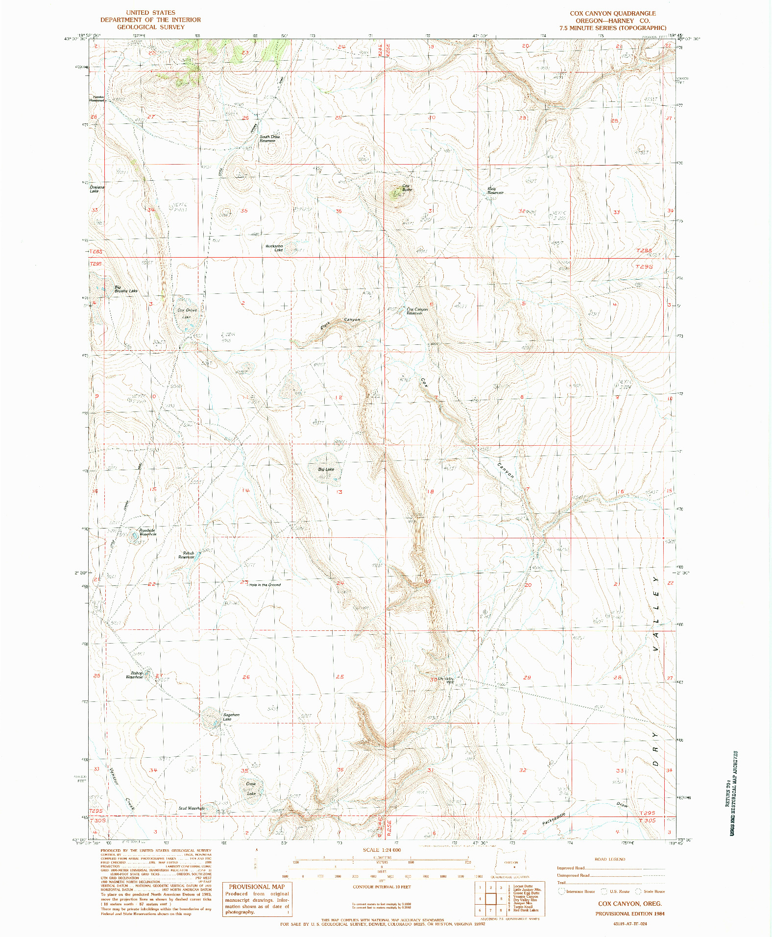 USGS 1:24000-SCALE QUADRANGLE FOR COX CANYON, OR 1984