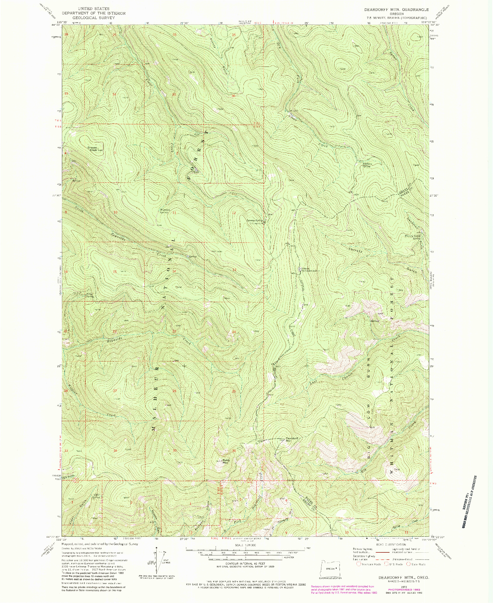 USGS 1:24000-SCALE QUADRANGLE FOR DEARDORFF MTN, OR 1972