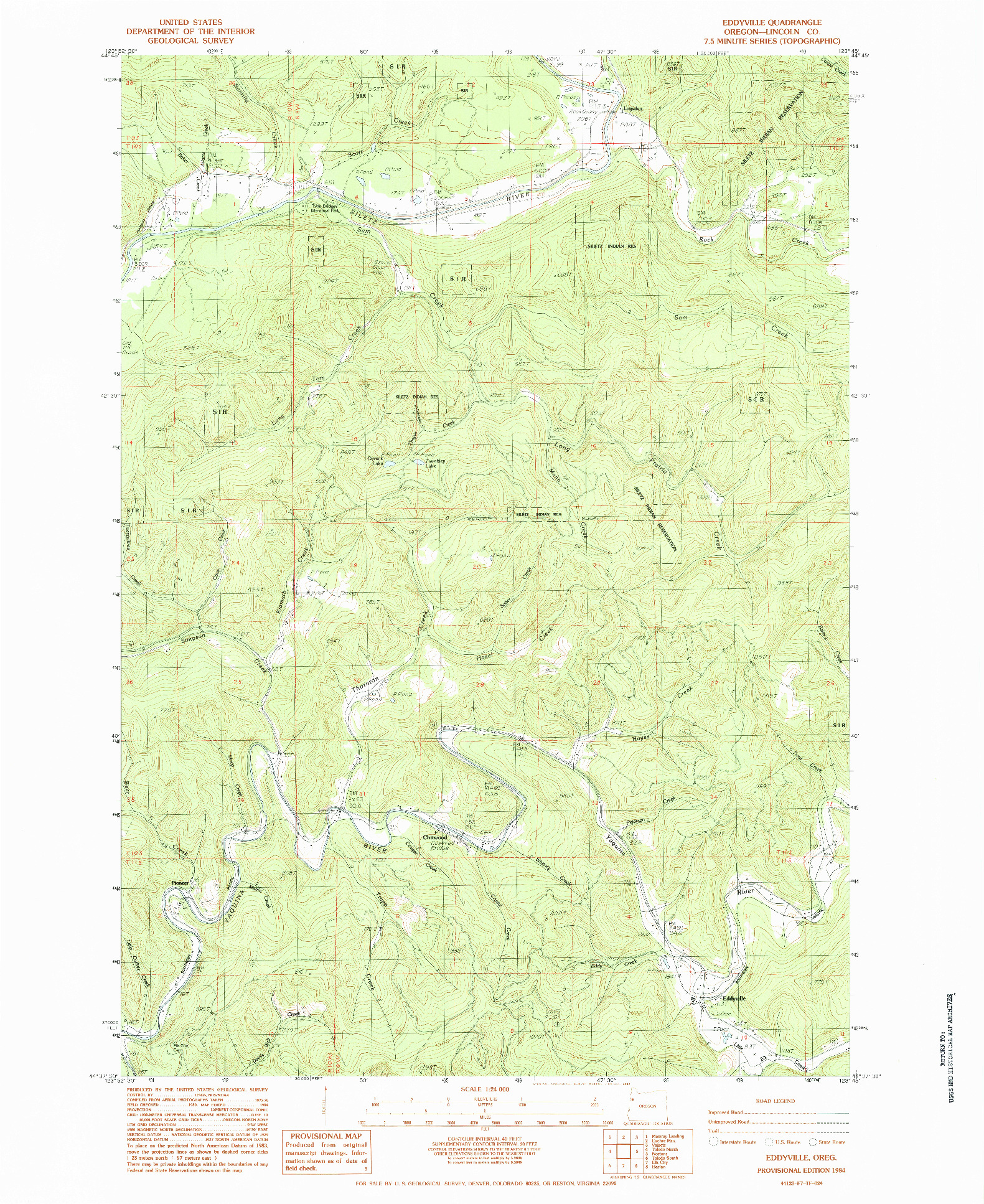 USGS 1:24000-SCALE QUADRANGLE FOR EDDYVILLE, OR 1984