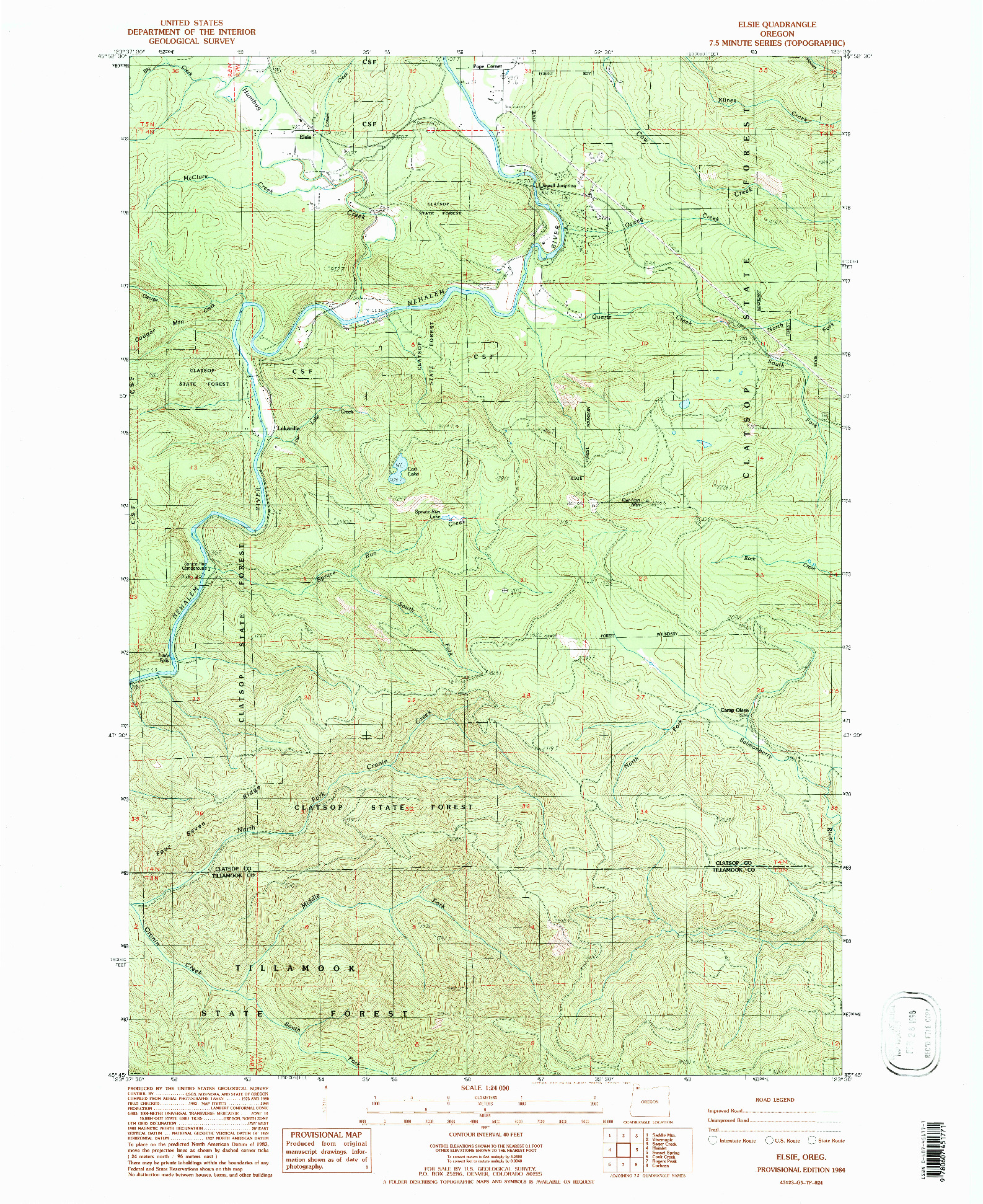 USGS 1:24000-SCALE QUADRANGLE FOR ELSIE, OR 1984