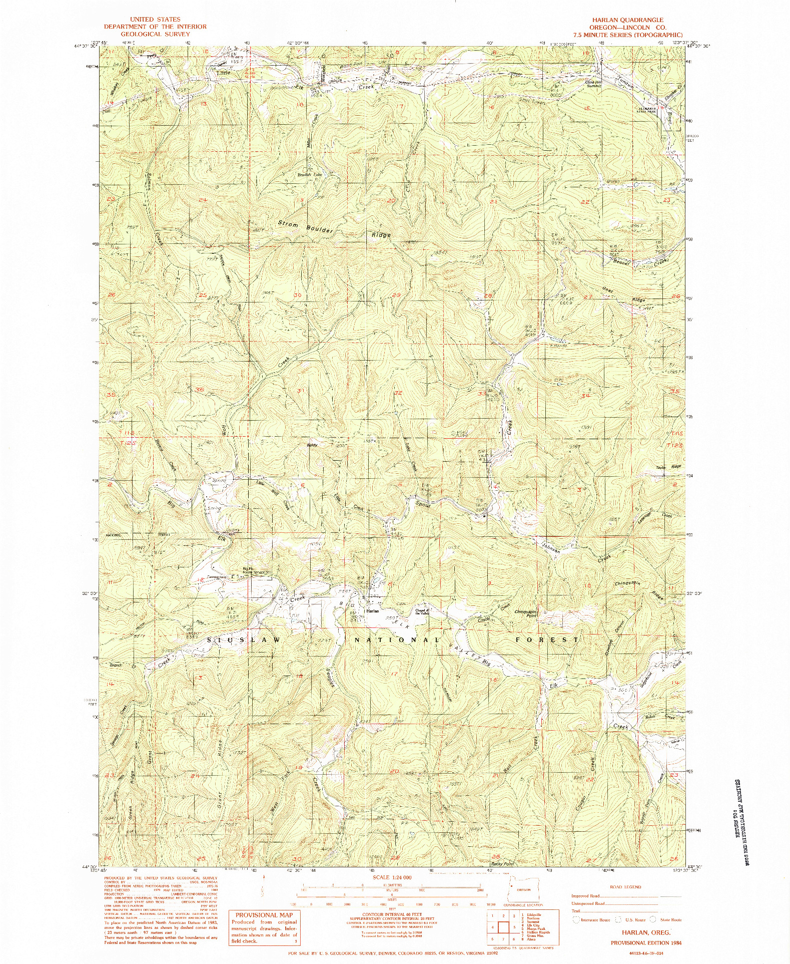 USGS 1:24000-SCALE QUADRANGLE FOR HARLAN, OR 1984