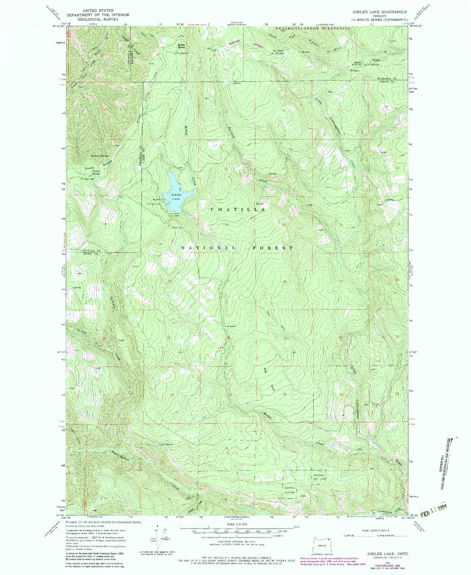 USGS 1:24000-SCALE QUADRANGLE FOR JUBILEE LAKE, OR 1967