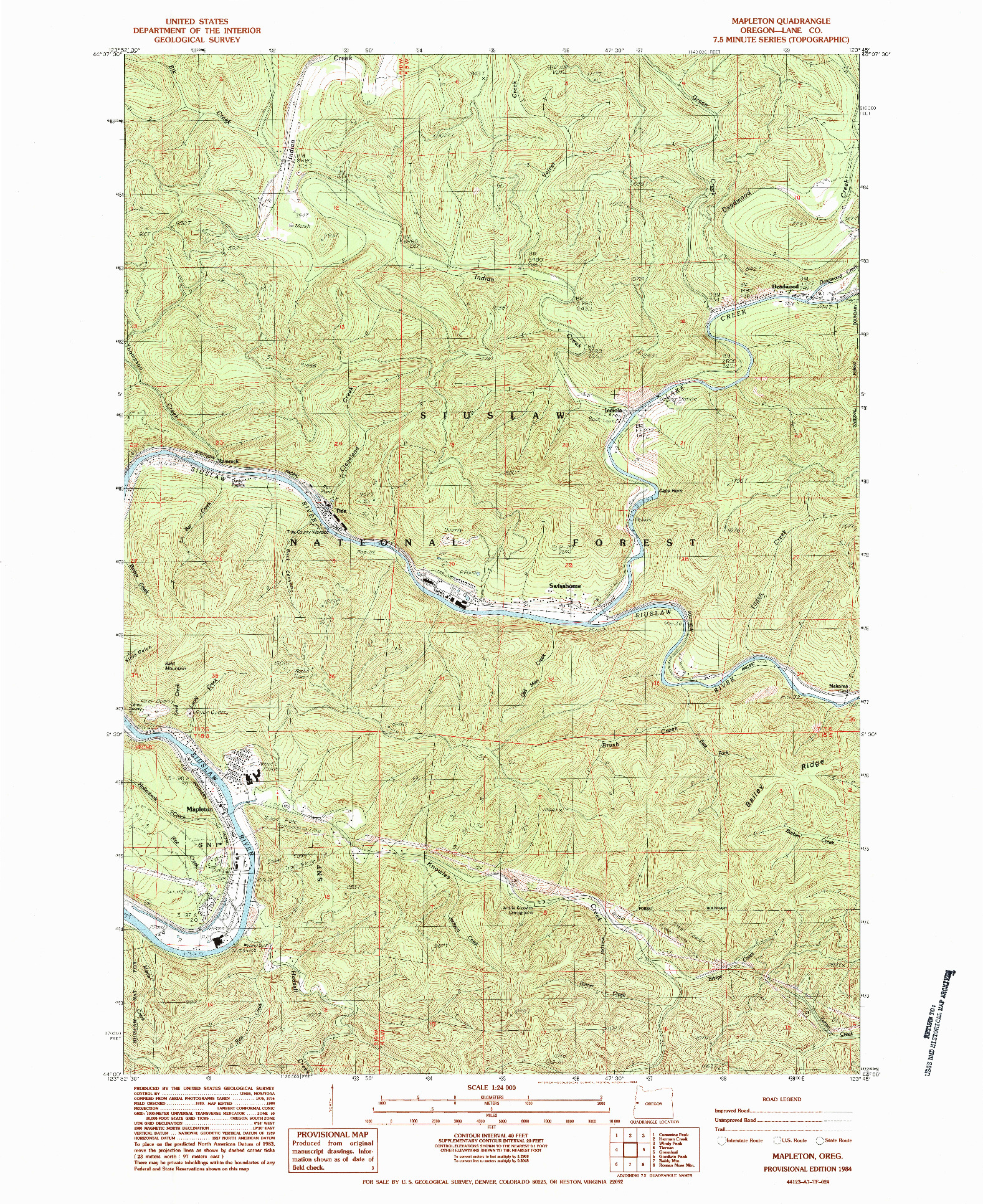 USGS 1:24000-SCALE QUADRANGLE FOR MAPLETON, OR 1984