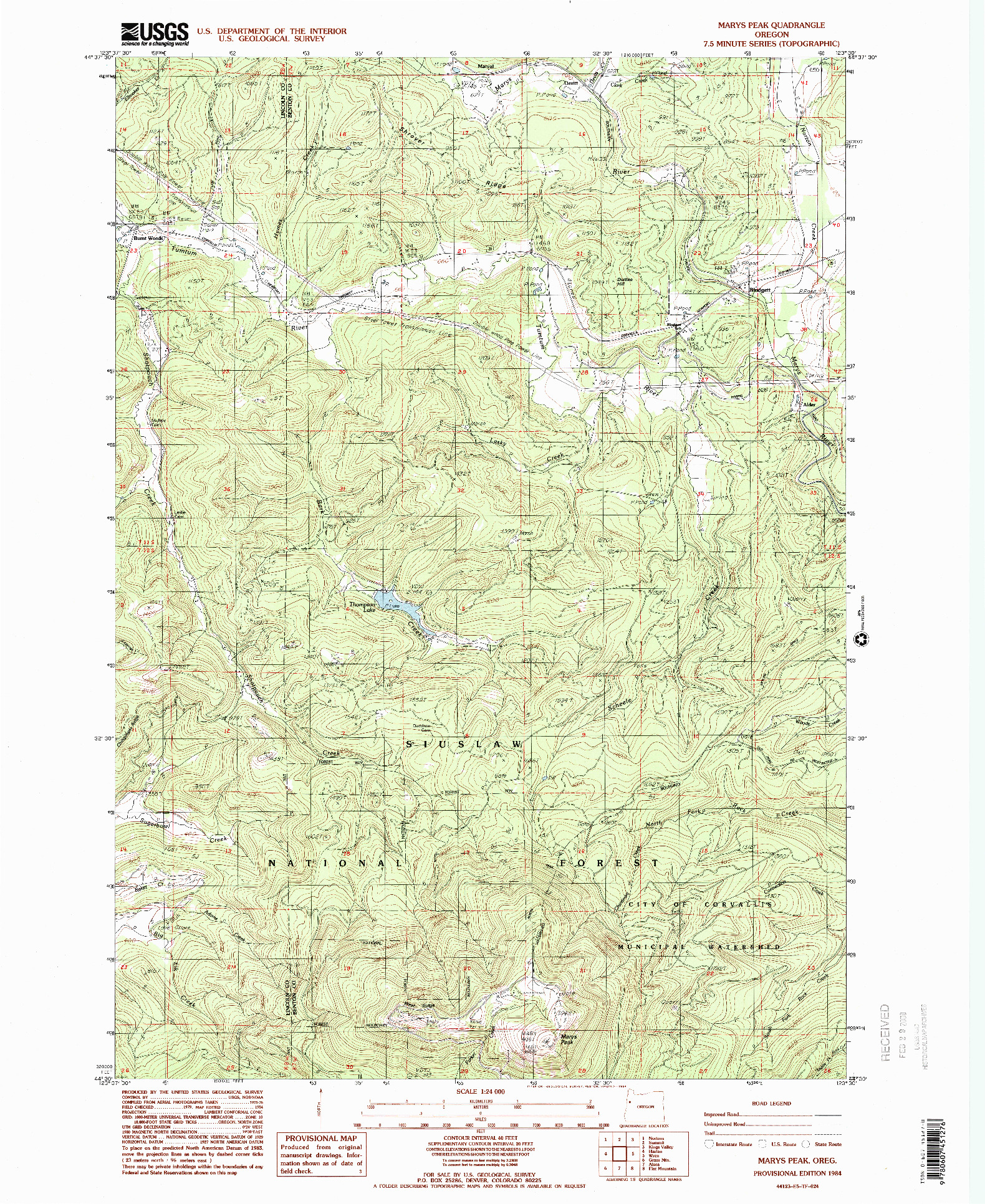 USGS 1:24000-SCALE QUADRANGLE FOR MARYS PEAK, OR 1984