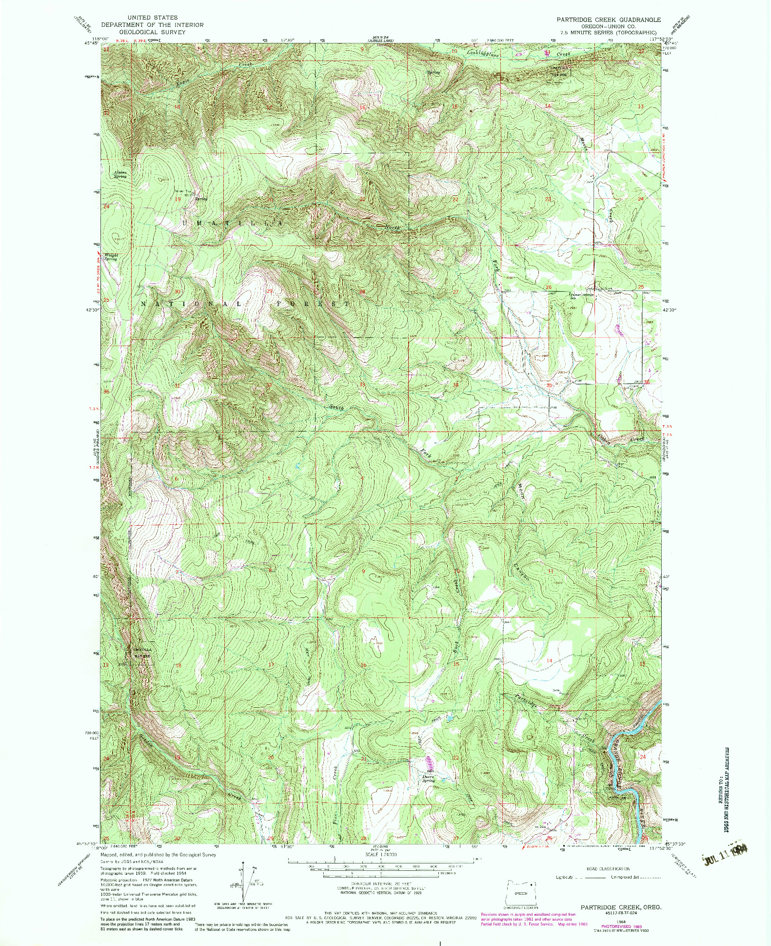 USGS 1:24000-SCALE QUADRANGLE FOR PARTRIDGE CREEK, OR 1964