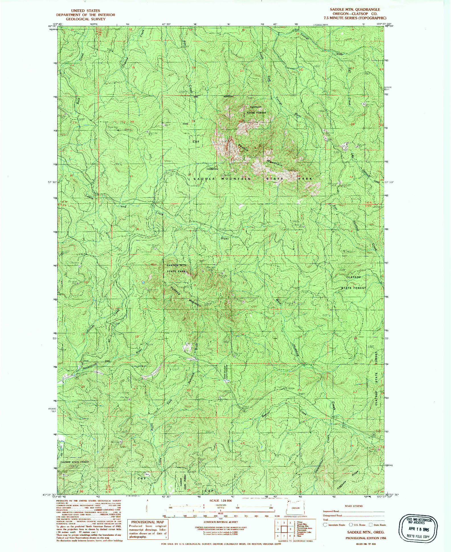 USGS 1:24000-SCALE QUADRANGLE FOR SADDLE MTN, OR 1984