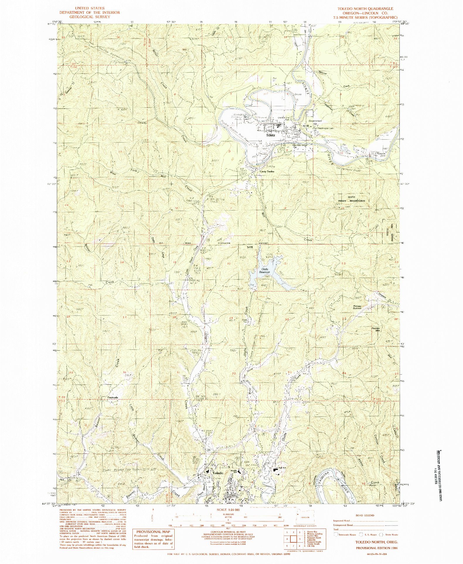 USGS 1:24000-SCALE QUADRANGLE FOR TOLEDO NORTH, OR 1984