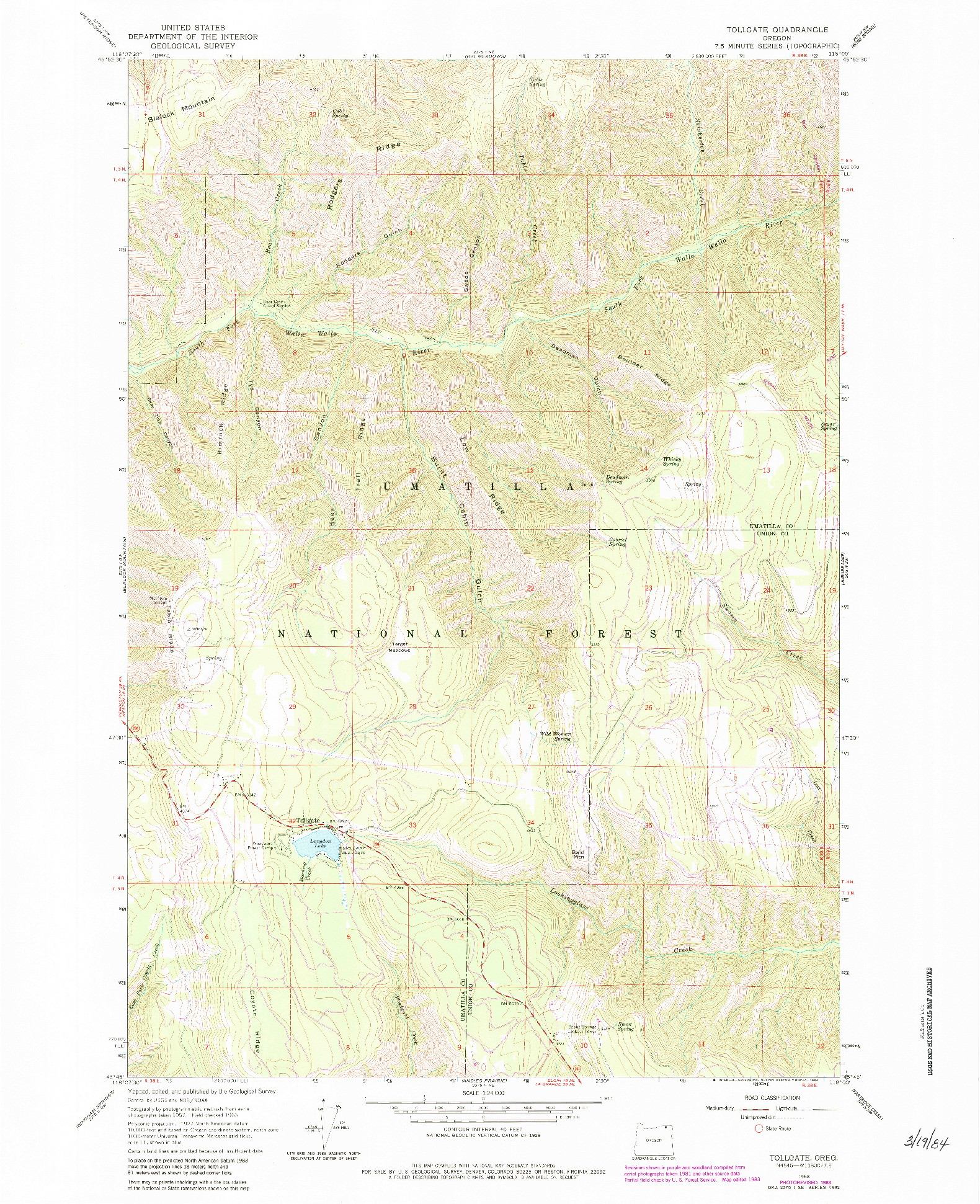 USGS 1:24000-SCALE QUADRANGLE FOR TOLLGATE, OR 1963