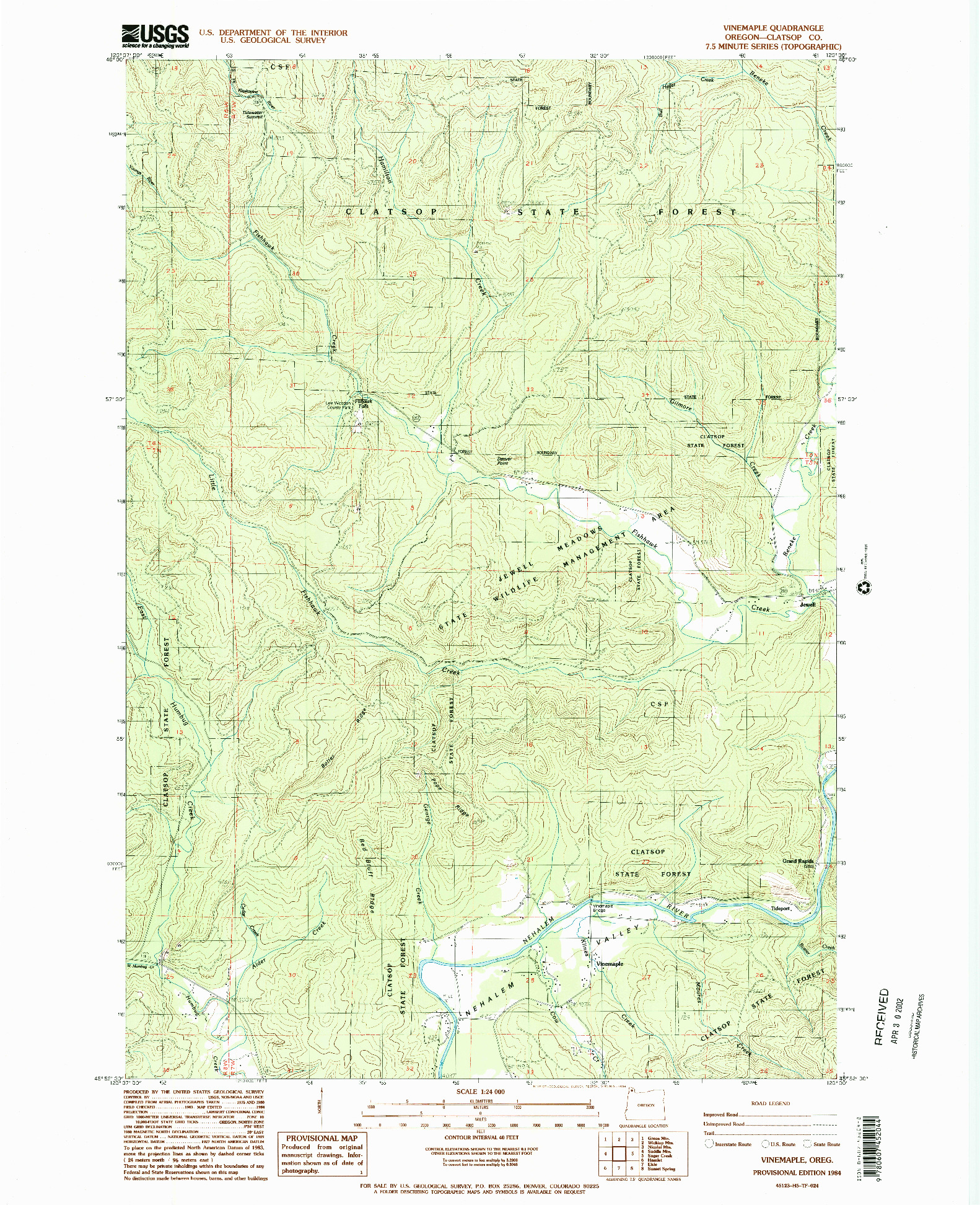 USGS 1:24000-SCALE QUADRANGLE FOR VINEMAPLE, OR 1984
