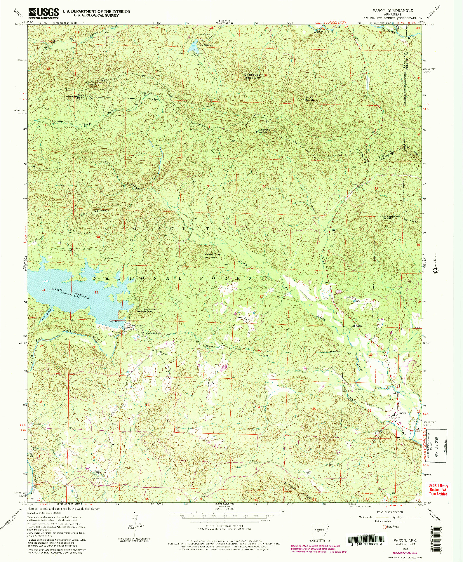 USGS 1:24000-SCALE QUADRANGLE FOR PARON, AR 1963